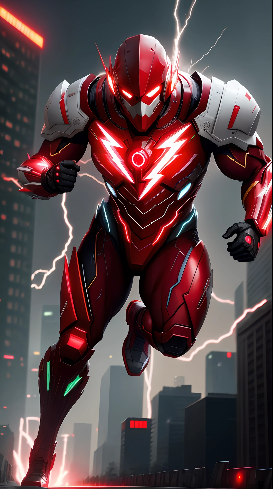 cyberpunk the flash ,white and red armor, invoked mask,glowing red eyes, bodybuilder, running, in the background a city, lightning in the sky, ultra details, ultra realistic, cinematic , octane render, 16k