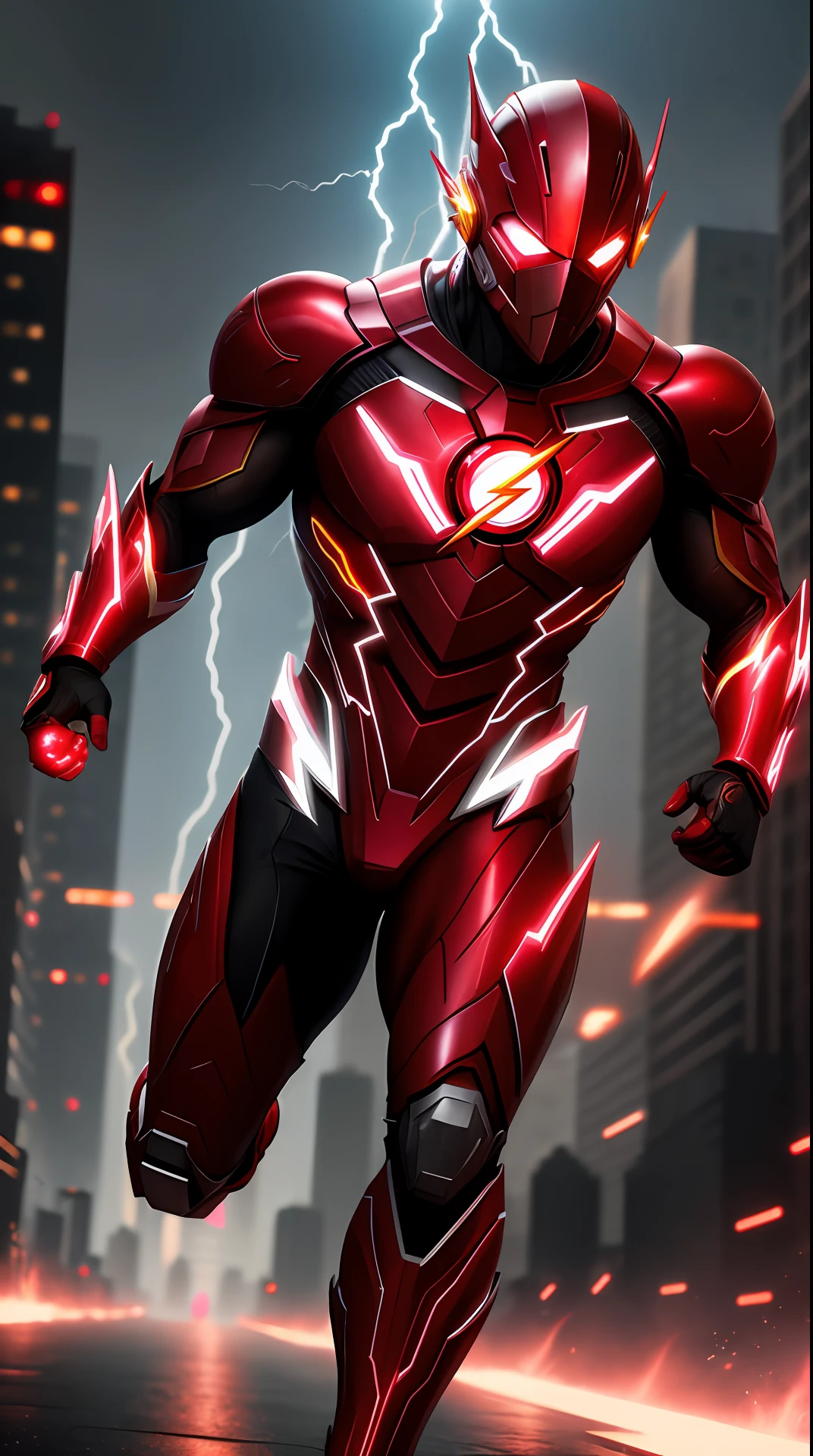 cyberpunk the flash ,white and red armor, invoked mask,glowing red eyes, bodybuilder, running, in the background a city, lightning in the sky, ultra details, ultra realistic, cinematic , octane render, 16k