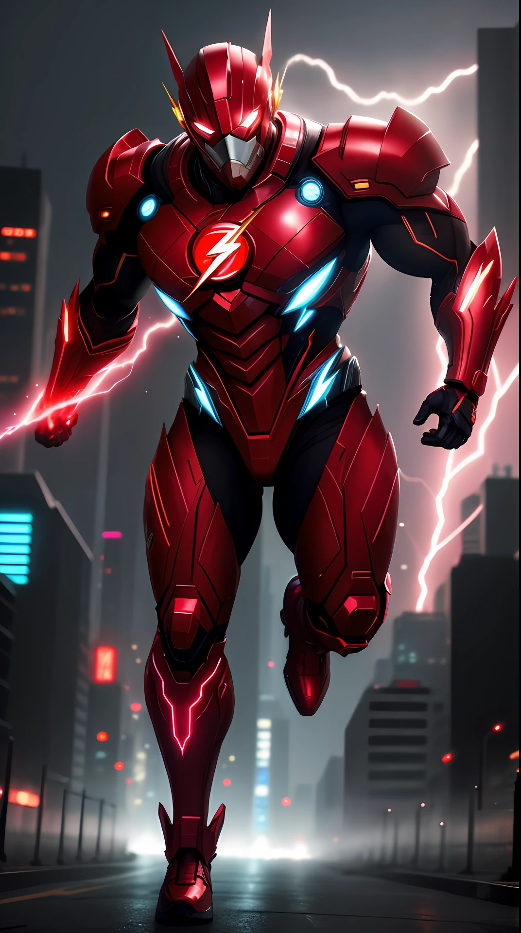 cyberpunk the flash ,white and red armor, invoked mask,glowing red eyes, bodybuilder, running, in the background a city, lightning in the sky, ultra details, ultra realistic, cinematic , octane render, 16k