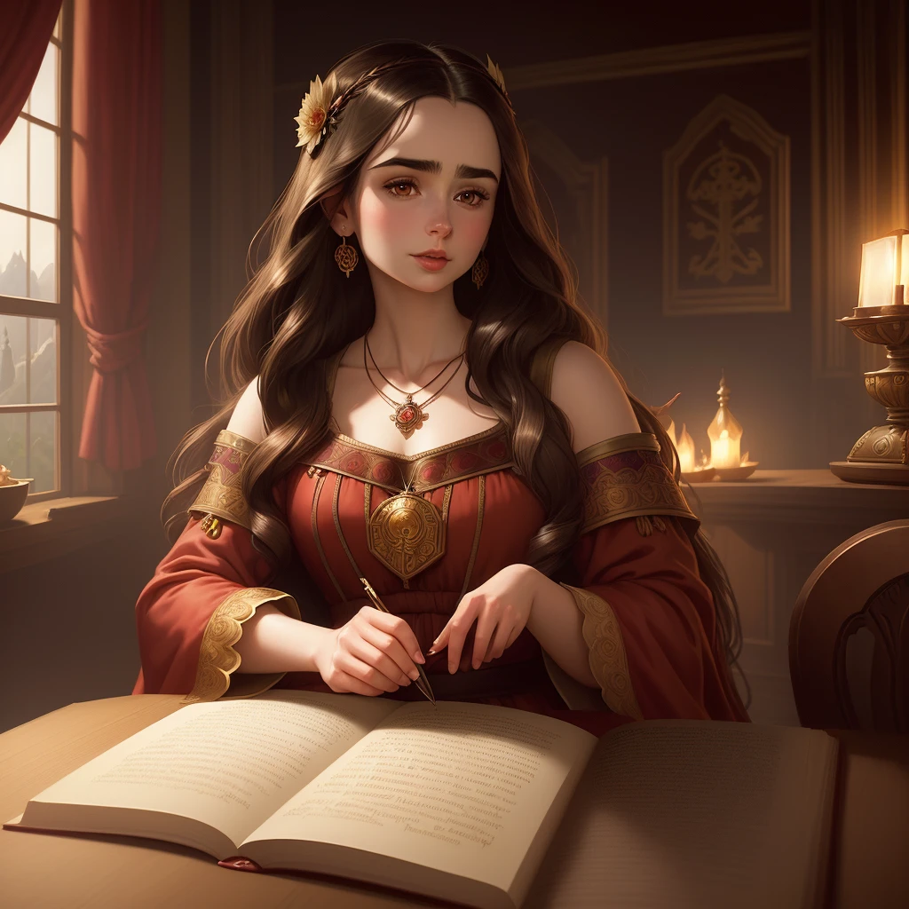 Young Lily Collins long black wavy hair, wearing a simple red medieval commoner dress, without accessories, earrings and necklaces, writing at a table with parchment, quills and inkwell in a palace room setting, The illustration is detailed, smooth and bright, Art by Greg Hildebrandt, Citemer Liu, Stjepan Sejic, Samyang, Aykut Aydogdu, Justin Gerard, Alphonse Mucha, Artgerm, WLOP and Greg Rutkowski