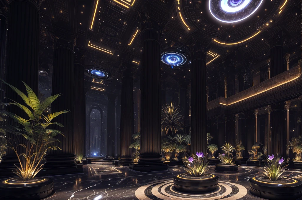 incredible black luxurious futuristic interior in Ancient Egyptian style with many (((lush plants))), ((gorgeous flowers)), (lotus flowers), ((palm trees)), rocky walls, ((sand)), ((waterfalls)) (marble), ((precious minerals)), ((metals)), (gemstones), crystals, clouds and ((water)), (hieroglyphics), ((trees, plants, flowers made out of gemstones, jewels, precious minerals and lights)), crocodiles, (((ultra luxury))), (black marble) – with ((beautiful lights)), Unreal Engine, HQ, 16k