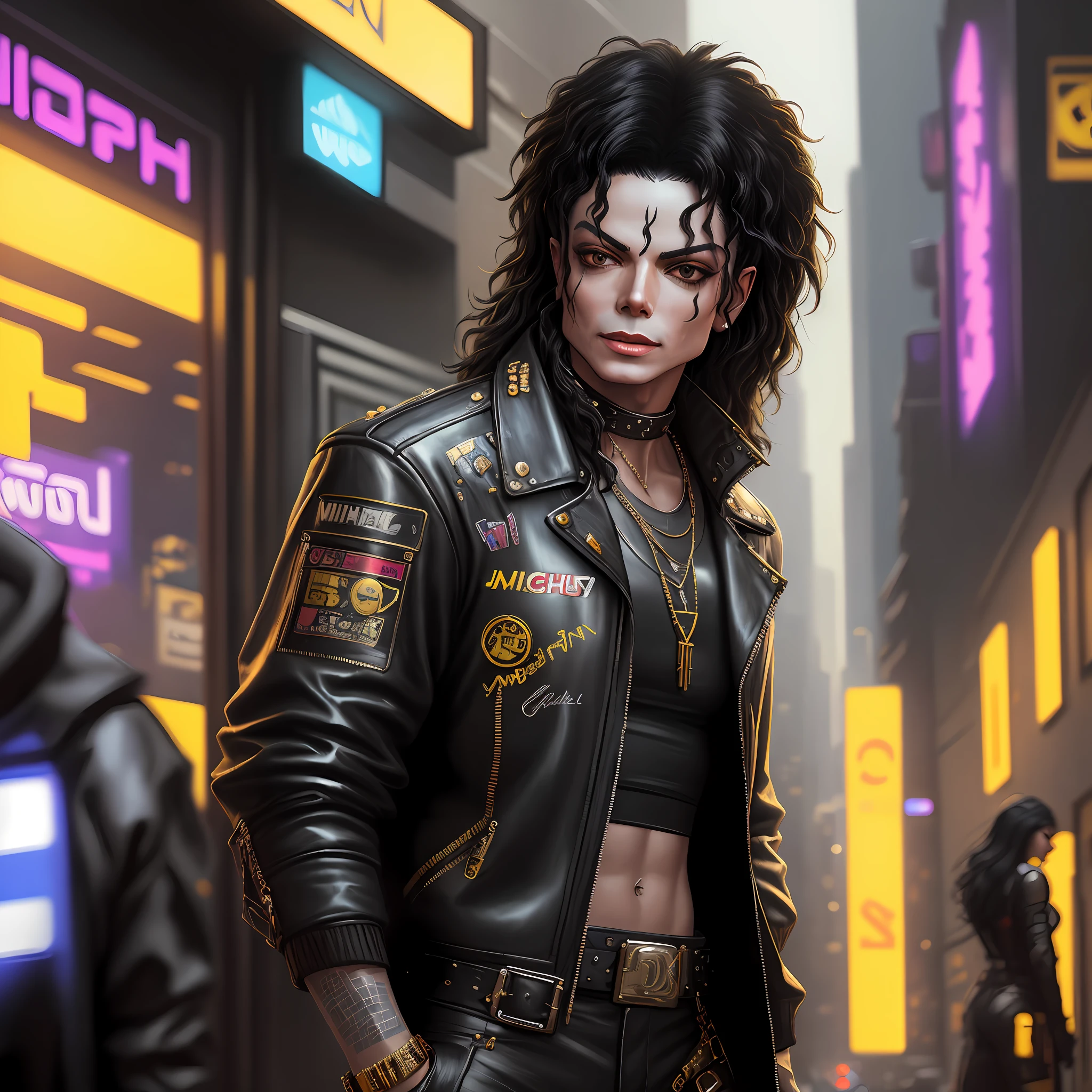 a painting of a Michael Jackson, background, style Cyberpunk 2077, band of gold round his breasts