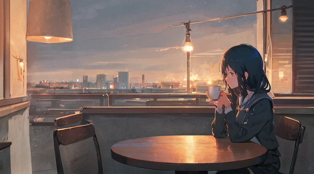 anime girl sitting at a table with a cup of coffee, anime art wallpaper 8 k, anime art wallpaper 4 k, anime art wallpaper 4k, atey ghailan 8 k, 4k anime wallpaper, by Atey Ghailan, relaxing concept art, nostalgic melancholic artwork, ilya kuvshinov landscape, by Makoto Shinkai