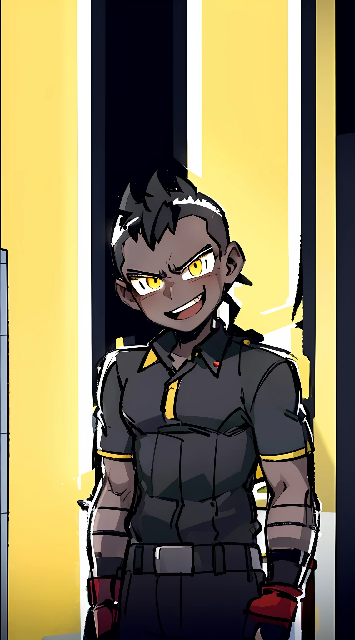 My hero academia, he is a hero, red glowing eyes, black skin, boy, shaved hair, buzz cut, friendly smile, sharp ponty teeth, wearing a green and yellow jumpsuit, UHD, masterpiece, textured skin, high details, award winning, highres, best quality, high quality, super detail, ccurate, black hair, black skin