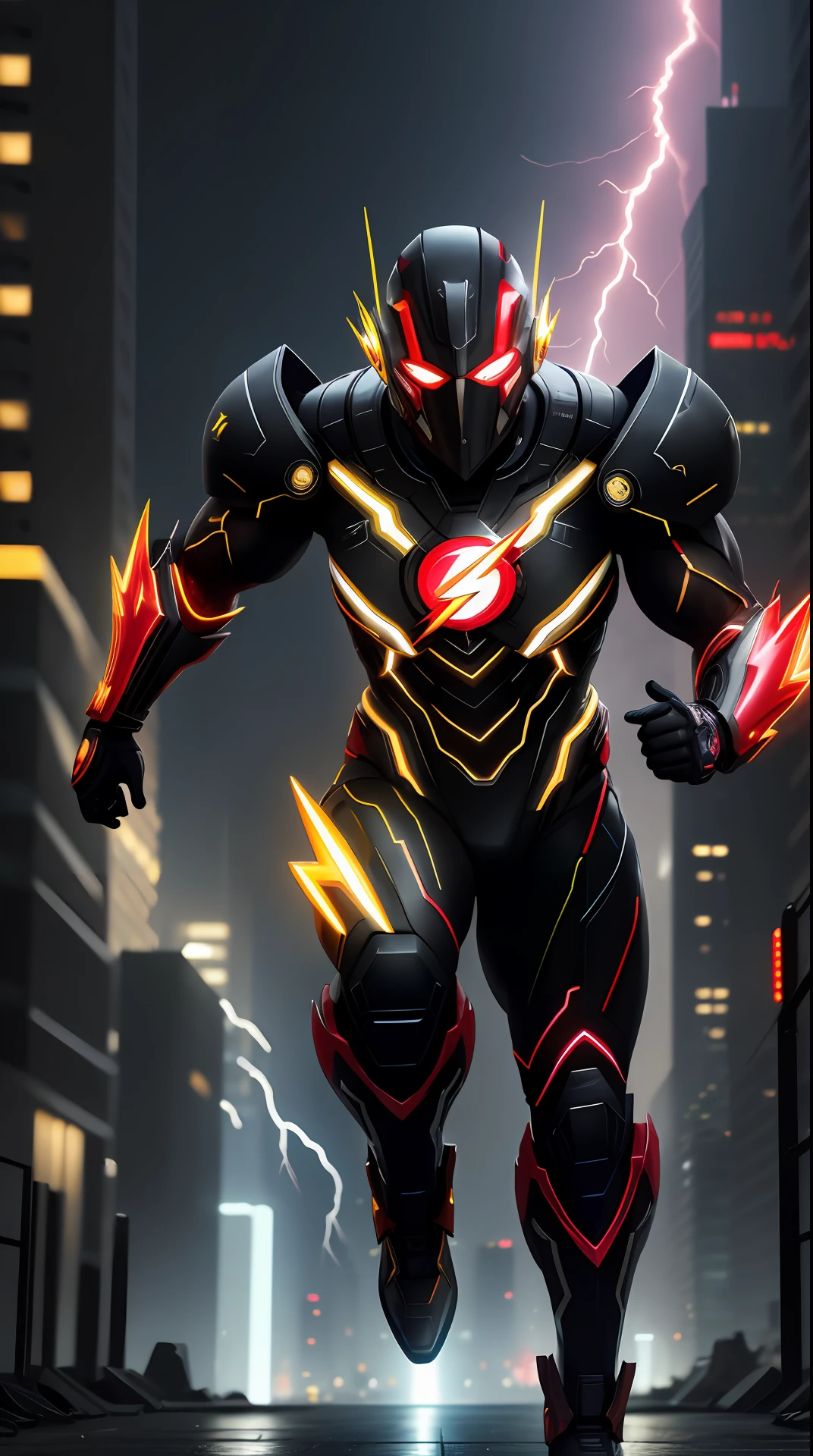 cyberpunk the flash ,black and yellow armor, invoked mask,glowing red eyes, bodybuilder, running, in the background a city, lightning in the sky, ultra details, ultra realistic, cinematic , octane render, 16k