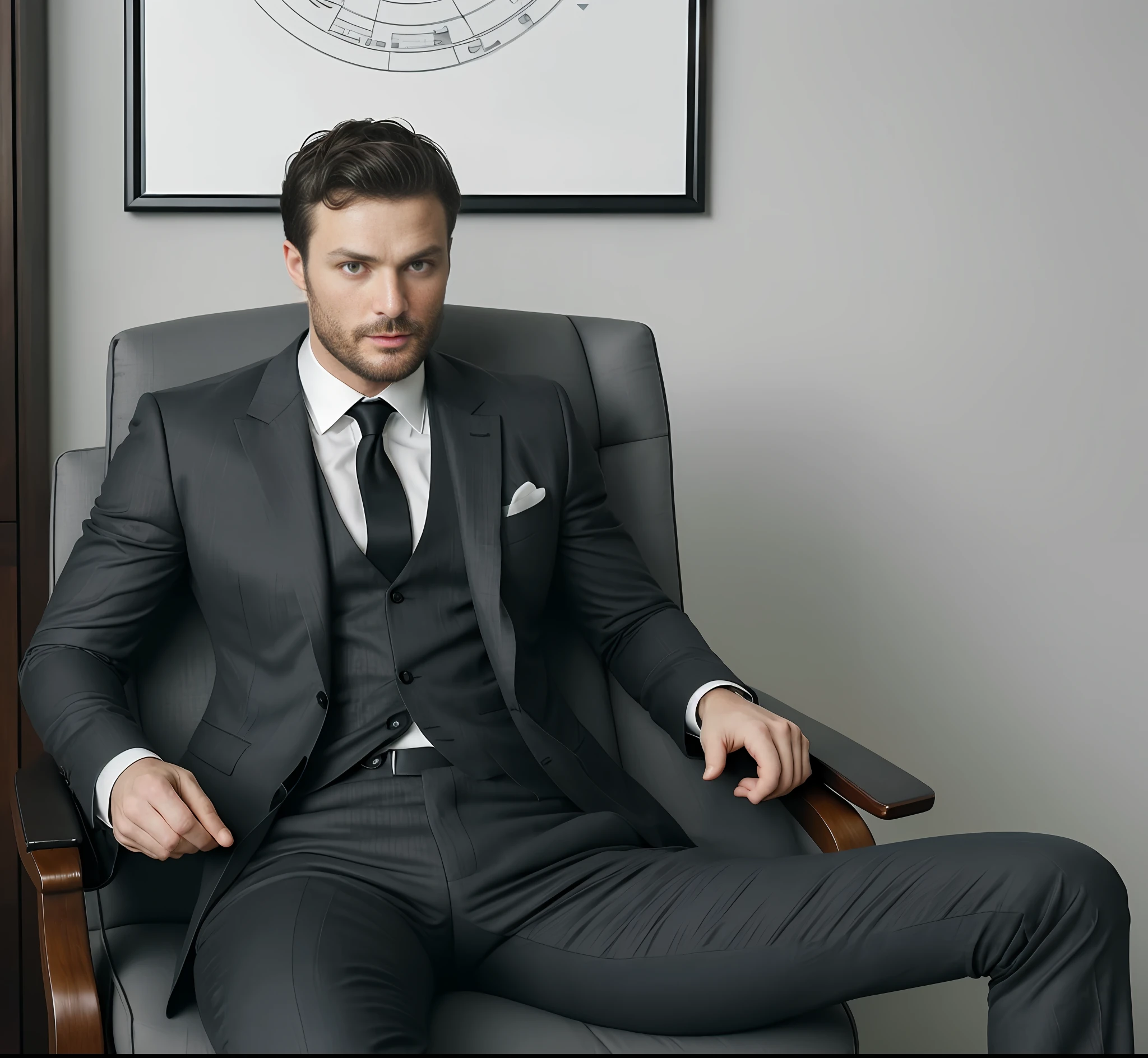 (Man ceo sitting in office chair), Wearing suit, (Beard and attractive) movie scene, (Impeccable), Serious and elegant man, Actor Jamie Dornan, with thick male eyebrows, secret agent 007 man style, (with mysterious and serious face,) short dark hair, elegant and elegant, body fit and strong fit in suit, Man similar to actor Jamie Dornan, ( high quality and realistic image), ((Best Quality, 8k, Masterpiece).