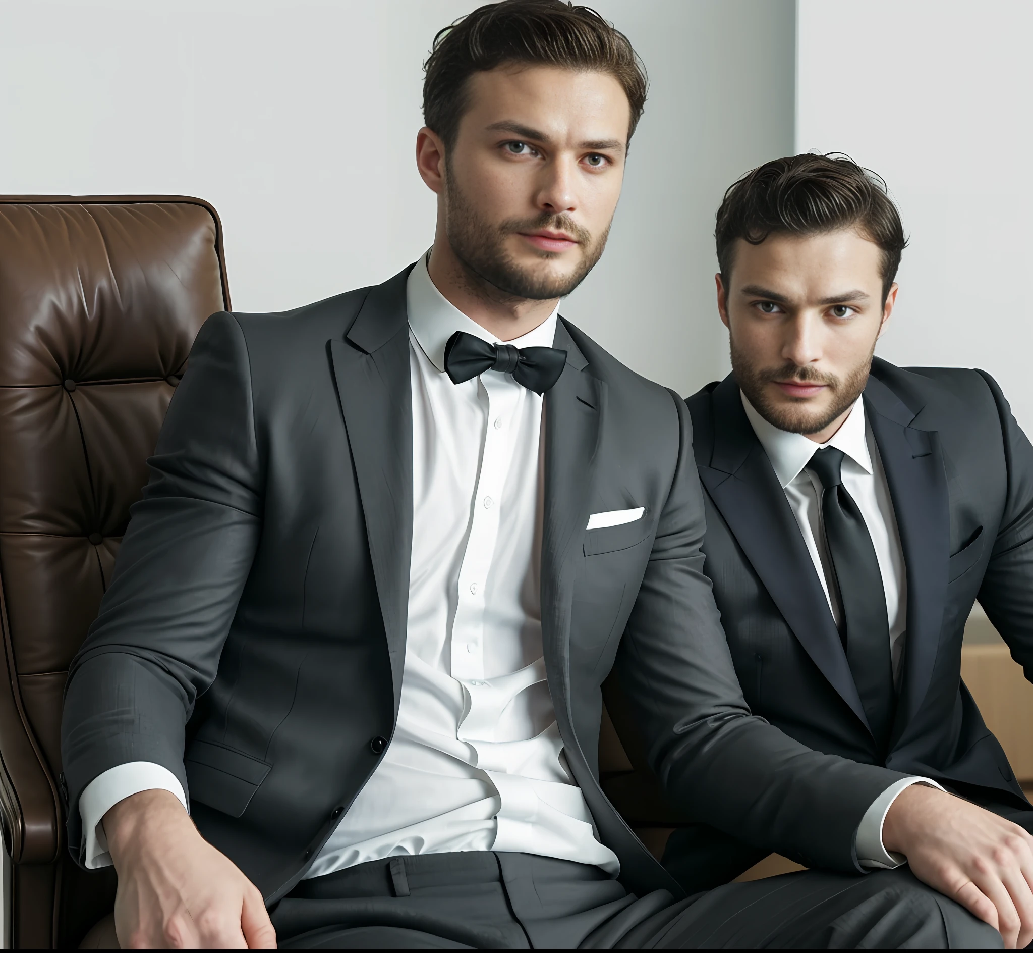 (Man ceo sitting in office chair), Wearing suit, (Beard and attractive) movie scene, (Impeccable), Serious and elegant man, Actor Jamie Dornan, with thick male eyebrows, secret agent 007 man style, (with mysterious and serious face,) short dark hair, elegant and elegant, body fit and strong fit in suit, Man similar to actor Jamie Dornan,  ( high quality and realistic image), ((Best Quality, 8k, Masterpiece).