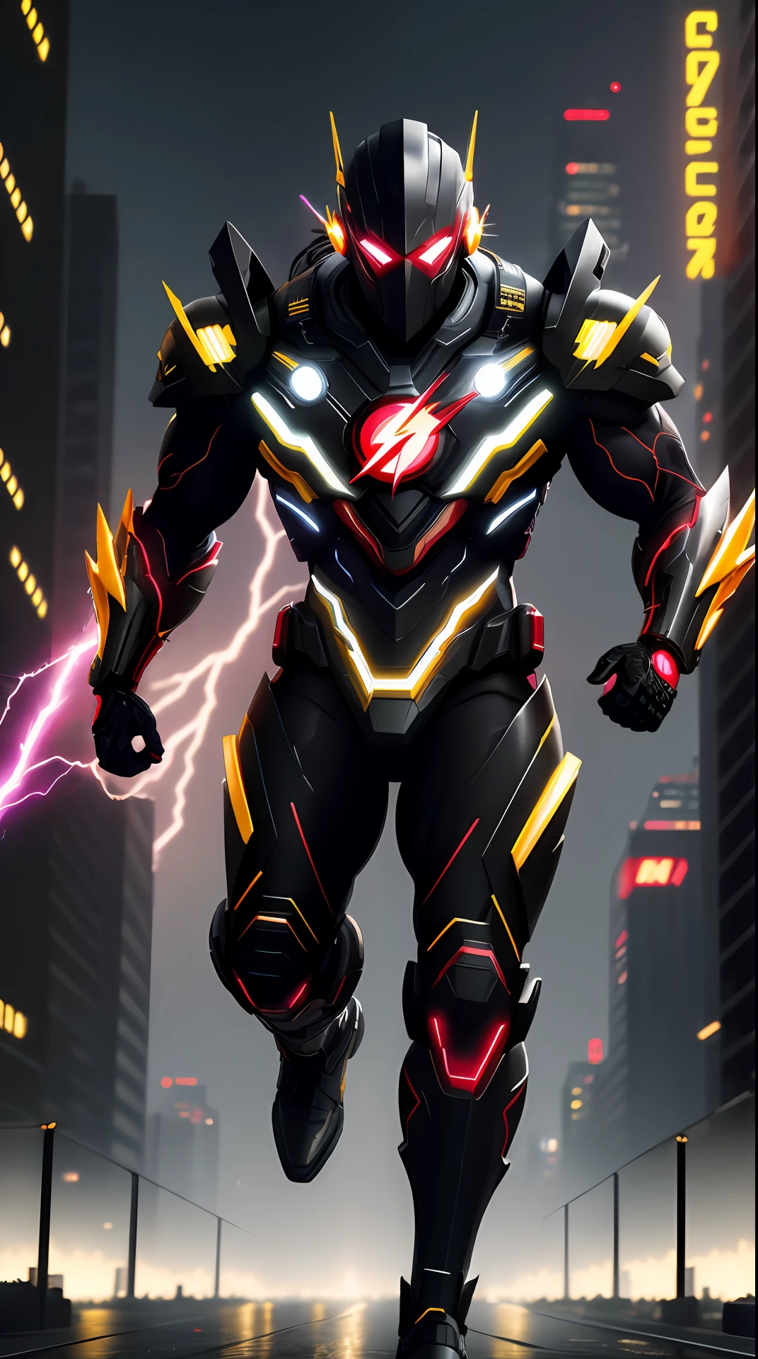cyberpunk the flash ,black and yellow armor, invoked mask,glowing red eyes, bodybuilder, running, in the background a city, lightning in the sky, ultra details, ultra realistic, cinematic , octane render, 16k