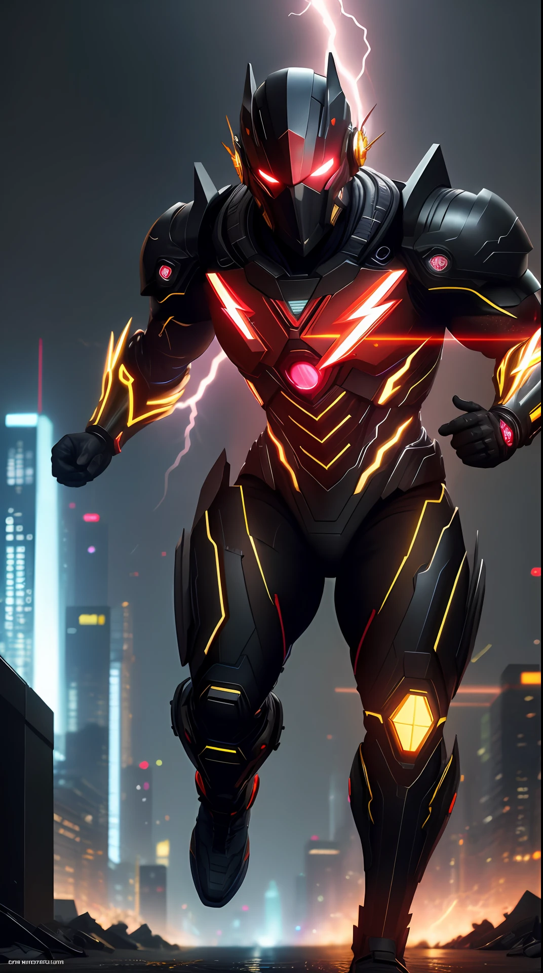 cyberpunk the flash ,black and yellow armor, invoked mask,glowing red eyes, bodybuilder, running, in the background a city, lightning in the sky, ultra details, ultra realistic, cinematic , octane render, 16k