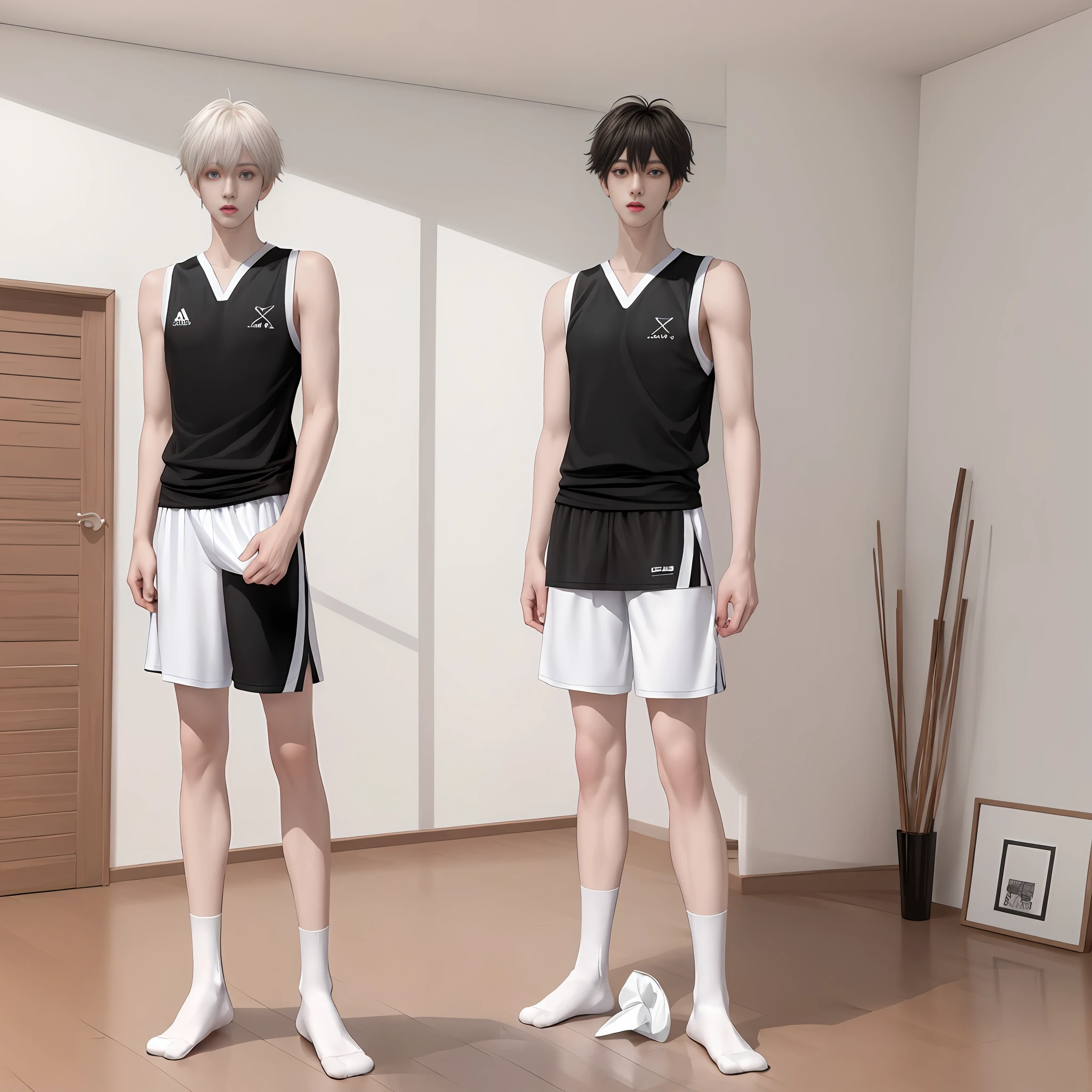 High-looking handsome boy whole body shot, delicate light and shadow, indoors, white skin, super long legs, wide shoulders, basketball socks design, no shoes, sports vest, solo x1.5, pitiful expression, Wang Junkai, at home than height, only draw the necessary body parts, 190cm height, full body shot.