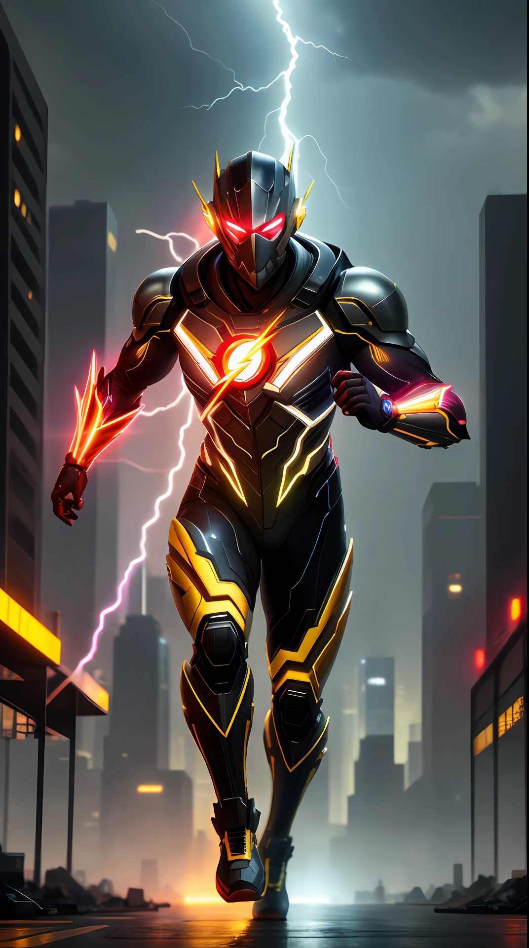 cyberpunk the flash , yellow armor, invoked mask,glowing red eyes, bodybuilder, running, in the background a city, lightning in the sky, ultra details, ultra realistic, cinematic , octane render, 16