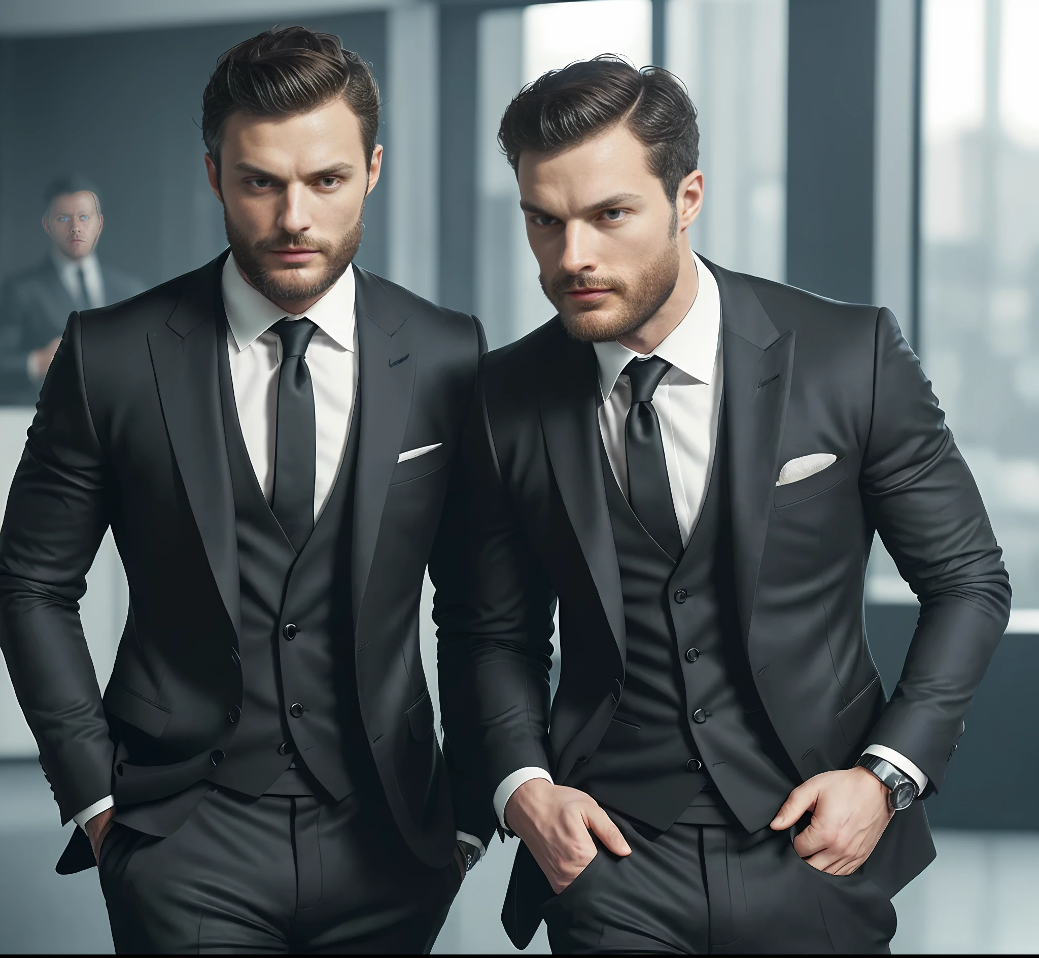 (Man wearing black suit without tie), ), (wearing beard,) attractive and serious look, short dark hair, stylish and elegant, shaved and strong body fitted in the suit, show body, man similar to actor jamie dornan, (high quality and realistic image), in the background of the image a beautiful Aston Martin Grey, cinematic style, ((Best quality, 8k, Masterpiece).