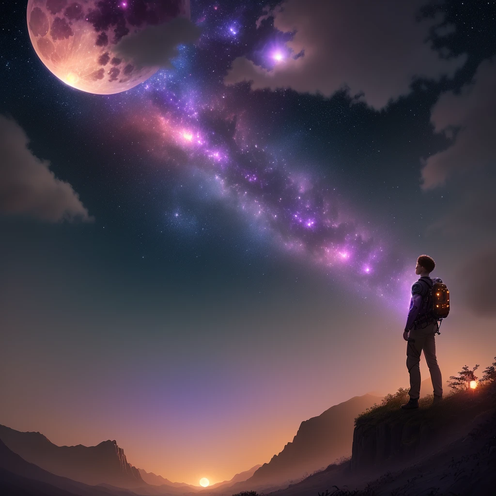 expansive landscape photograph , (a view from below that shows sky above and open field below), A young man with an afro standing next to a volvo truck, (full moon:1.2), ( shooting stars:0.9), (nebula:1.3), distant mountain, tree BREAK production art, (warm light source:1.2), (Firefly:1.2), lamp, lot of purple and orange, intricate details, volumetric lighting, realism BREAK (masterpiece:1.2), (best quality), 4k, ultra-detailed, (dynamic composition:1.4), highly detailed, colorful details,( iridescent colors:1.2), (glowing lighting, atmospheric lighting), dreamy, magical, (solo:1.2)