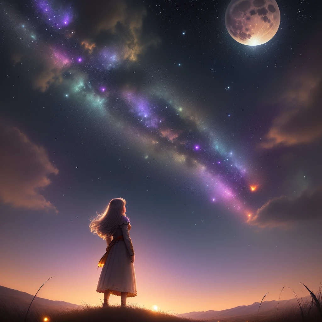 Vast landscape photo, (viewed from below, the sky is above and the open field is below), a girl standing on a flower field looking up, (full moon: 1.2), (meteor: 0.9), (nebula: 1.3), distant mountains , Trees BREAK Crafting Art, (Warm Light: 1.2), (Fireflies: 1.2), Lights, Lots of Purple and Orange, Intricate Details, Volumetric Lighting, Realism BREAK (Masterpiece: 1.2), (Best Quality), 4k, Ultra-Detailed, (Dynamic Composition: 1.4), Very Detailed, Colorful Details, (Rainbow Colors: 1.2), (Glow Lighting, Atmospheric Lighting), Dreamy, Magical, (Solo: 1.2)