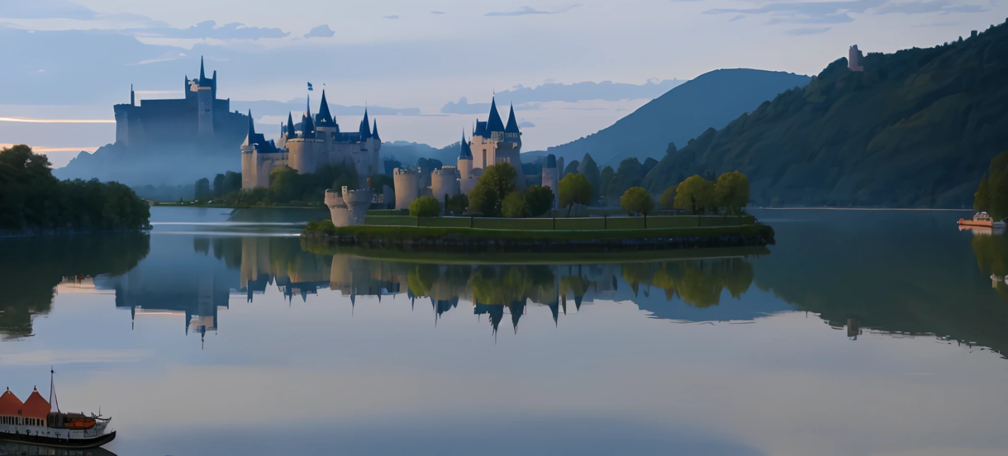 There is a ship sitting in the water near the castle, fairy tale castle, castle in the distance, colored castle, (castle in the background), amusement park by the lake, castle in the distance, castle in the background, many reflections, colorful castle in the background, Disney castle in the background, castle in the background