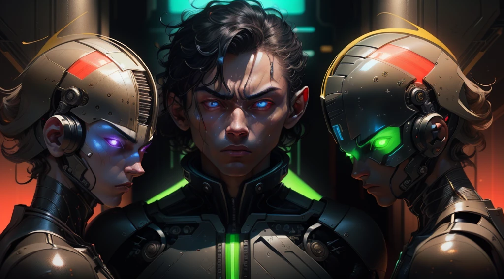 young human transfomers in outer space,1 man with angry face, red light eye, powerful supersuit tight neon, aura of black glowing power, dynamic pose,, cosmos, technological, black armor and neon green, isometric, symmetry, slim