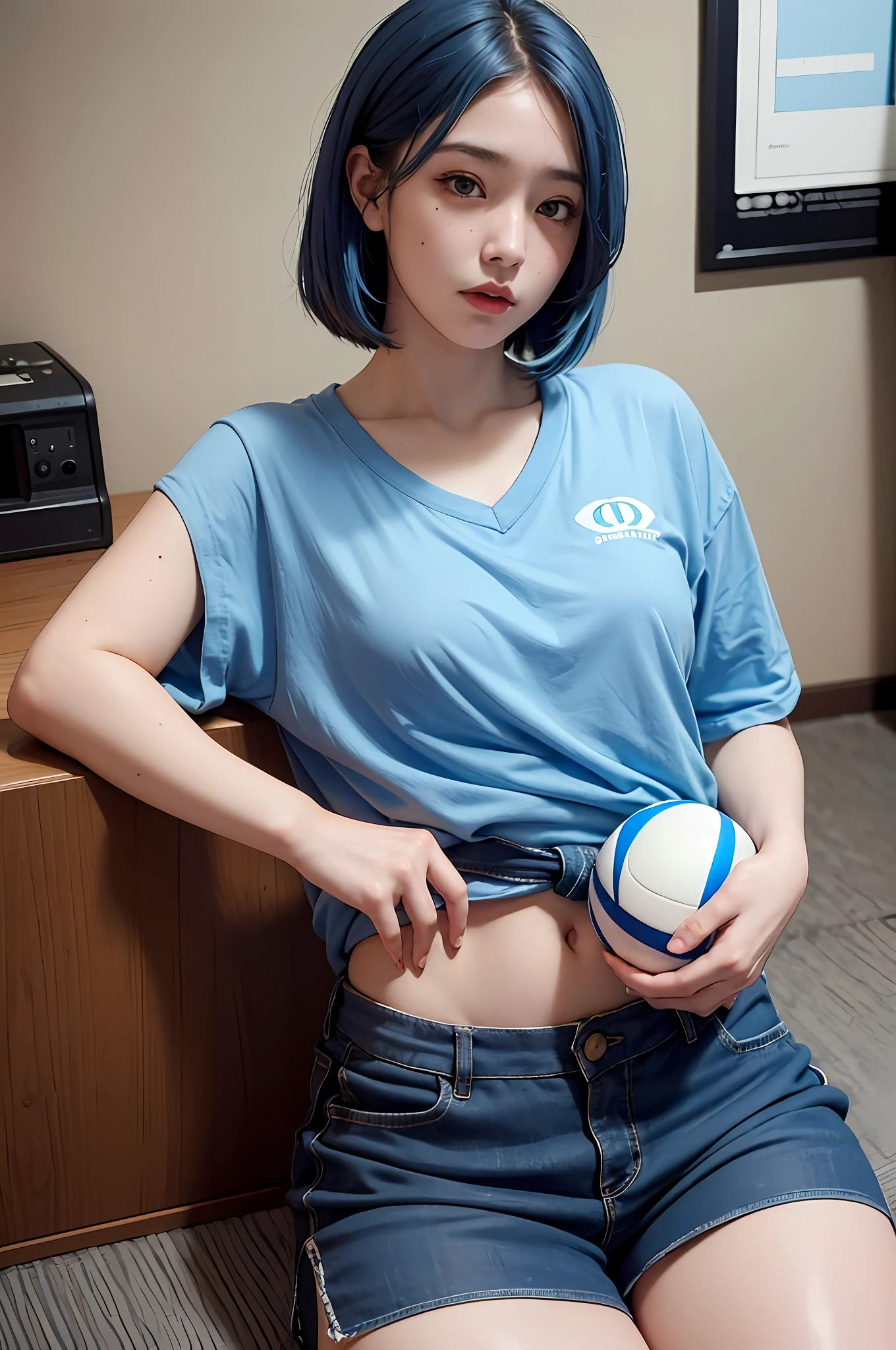 realistic, high resolution, girl, blue hair, japan, black eyes, small moles under the eyes, loose blue shirt, sports shorts with tatami, thick thighs, legs crossed, kneeling, pale skin, melancholy eyes