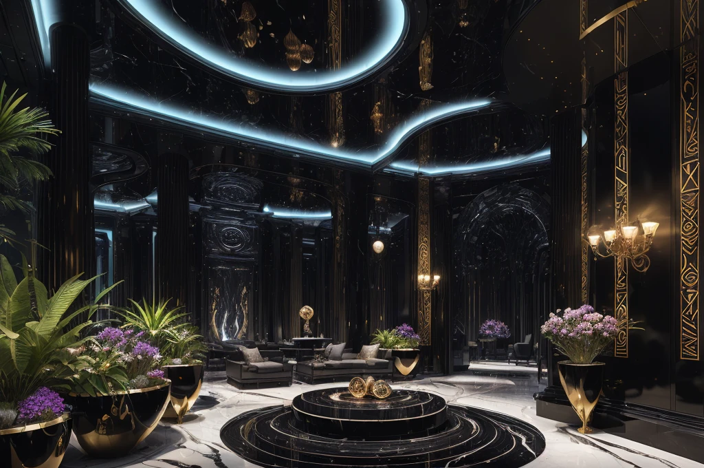 incredible black luxurious futuristic interior in Ancient Egyptian style with many (((lush plants))), ((gorgeous flowers)), (lotus flowers), ((palm trees)), rocky walls, ((sand)), ((waterfalls)) (marble), ((precious minerals)), ((metals)), (gemstones), crystals, clouds and ((water)), ((luxury furniture)), (hieroglyphics), ((trees, plants, flowers made out of gemstones, jewels, precious minerals and lights)), crocodiles, (((ultra luxury))), (black marble) – with ((beautiful lights)), Unreal Engine, HQ, 16k