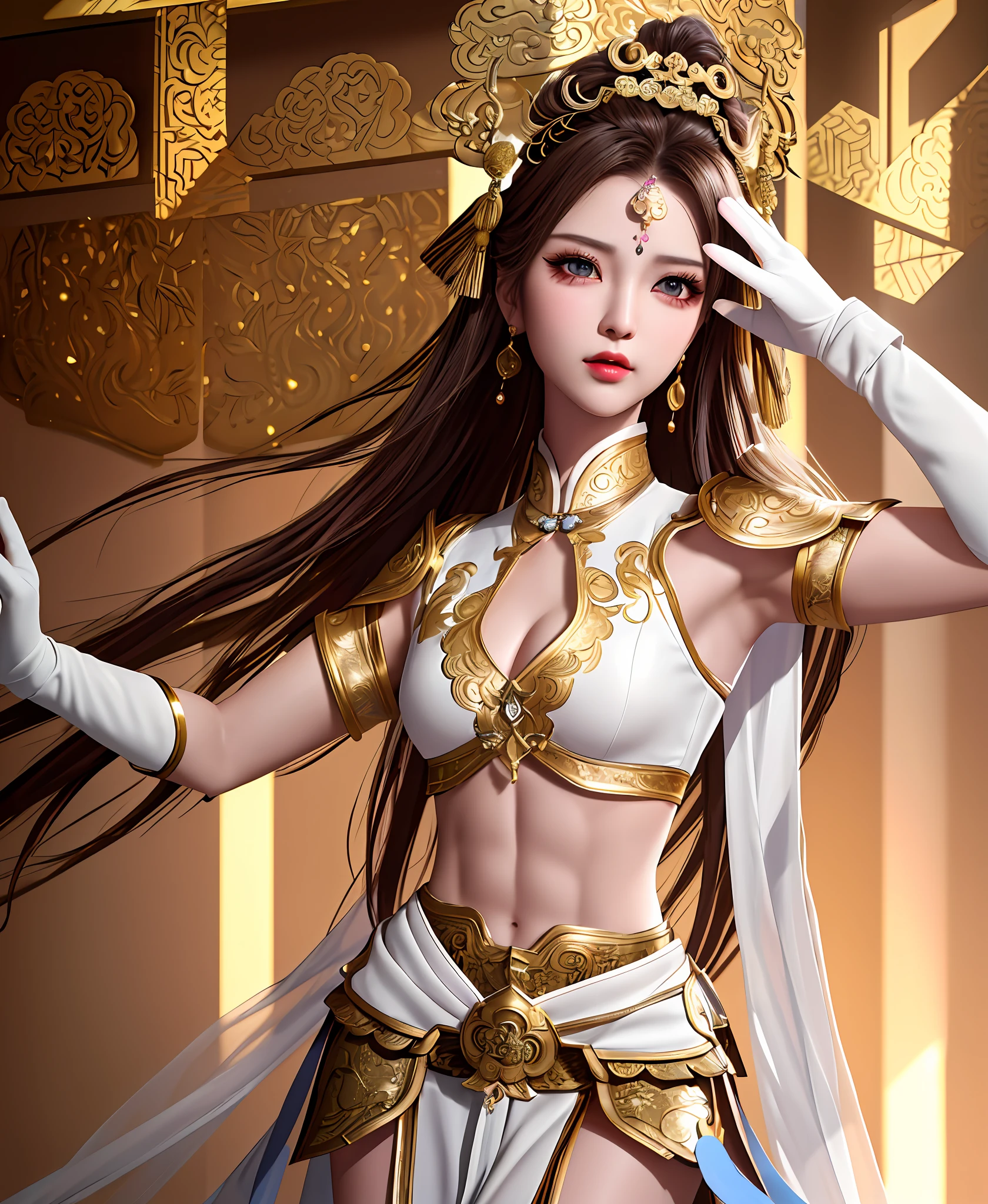 "Masterpiece, high quality, detailed, high resolution, 4k, 8k, realistic skin texture, amazing shadows, perfect lighting, hyper-realistic." A beautiful female warrior empress, cosmic lights, (Chinese brown eyes, eye shadow, gloves, white light skin, small breasts, toned abs), arms up sensual pose, armpit