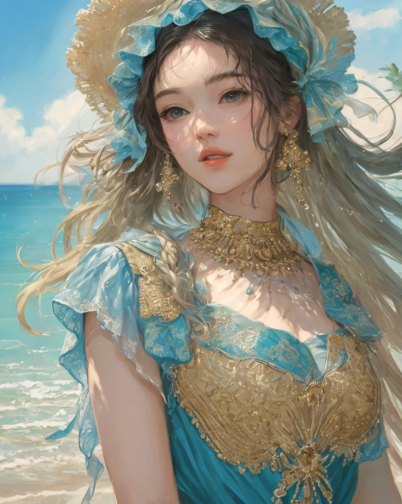 artistic portrait of a beautiful woman, masterpiece,beach scene