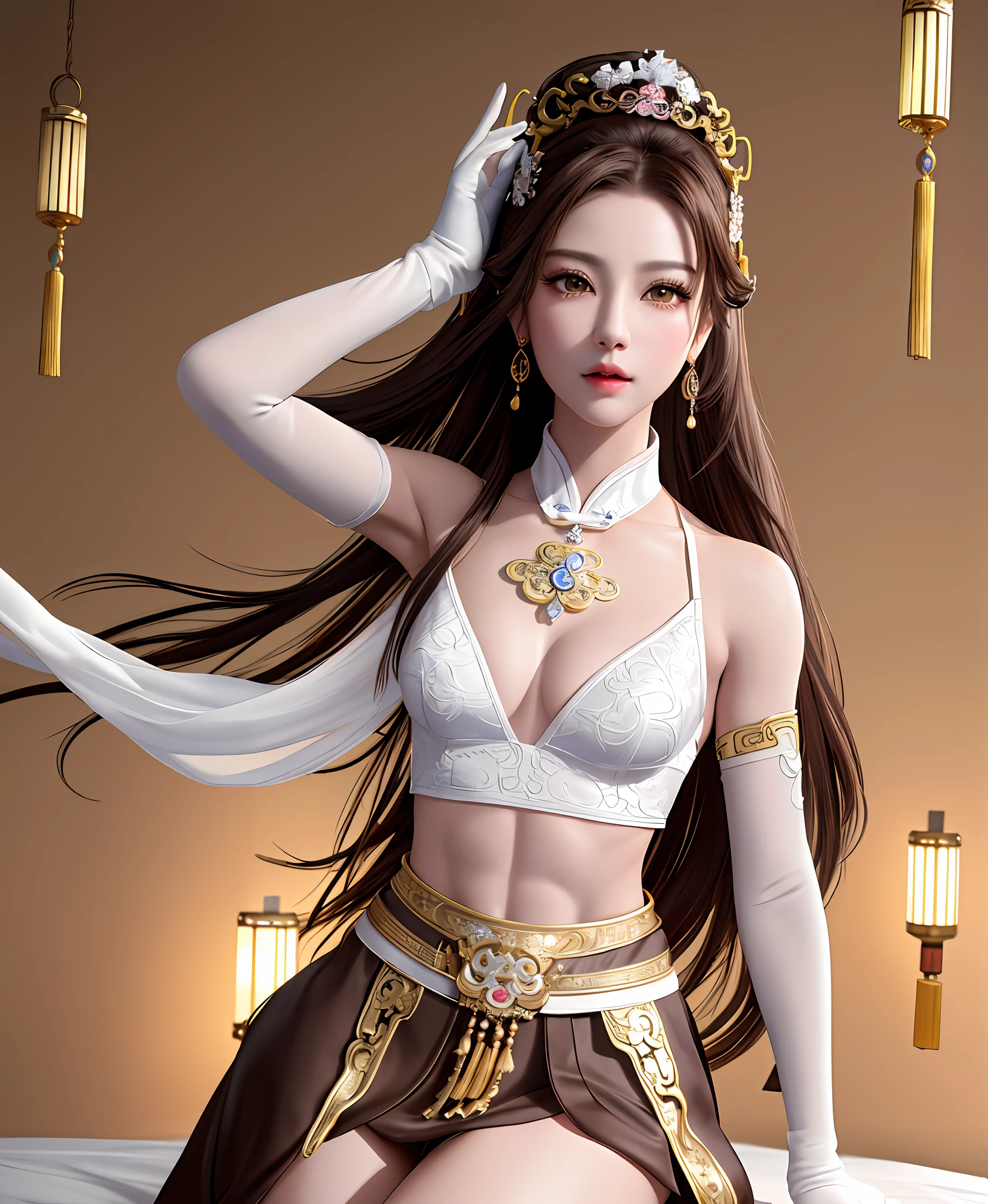 "Masterpiece, high quality, detailed, high resolution, 4k, 8k, realistic skin texture, amazing shadows, perfect lighting, hyper-realistic." A beautiful female empress (Chinese brown eyes, eye shadow, gloves, white light skin, small breasts, toned abs), arms up sensual pose, armpit, lying on bed, in white lingerie