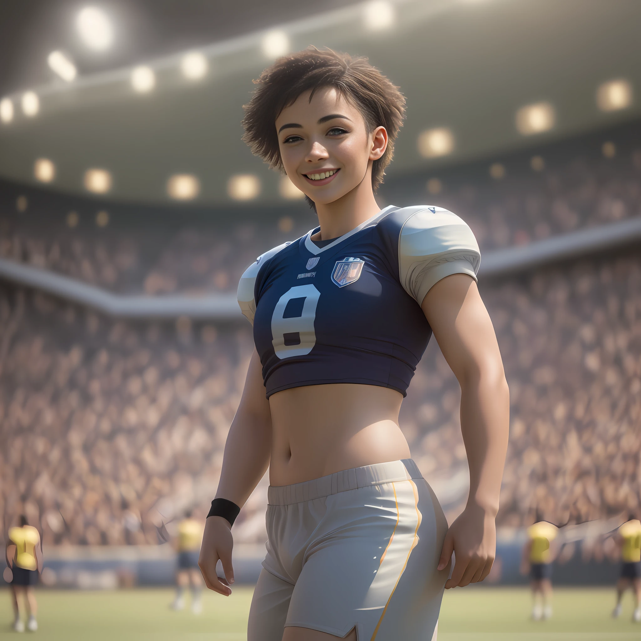 Best quality, masterpiece, ultra high res, (photorealistic:1.4),highly detailed,professional lighting smile,Playing football ,in stadium,tight sticky crop top and short pant.