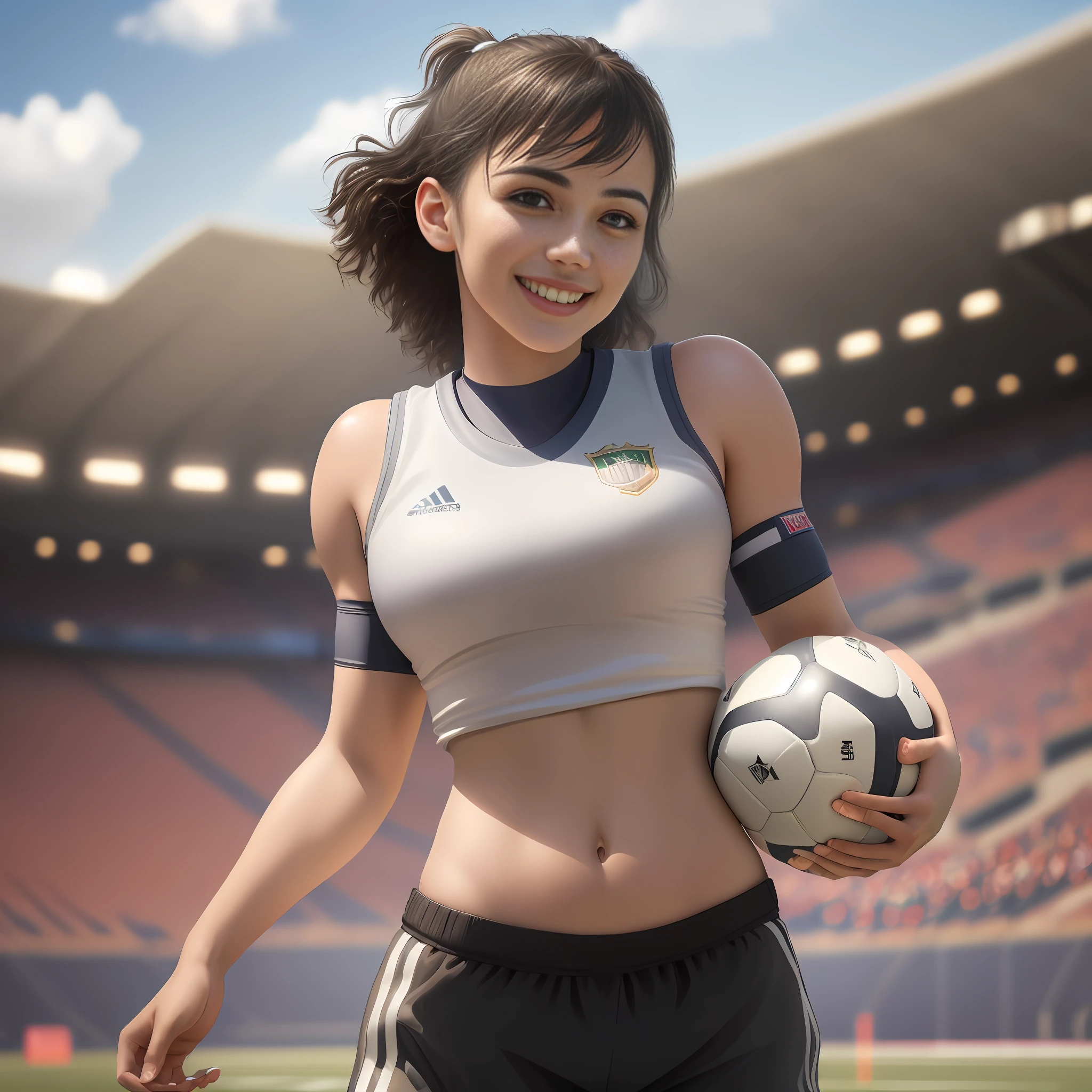 Best quality, masterpiece, ultra high res, (photorealistic:1.4),highly detailed,professional lighting smile,Playing football ,in stadium,tight sticky crop top and short pant.