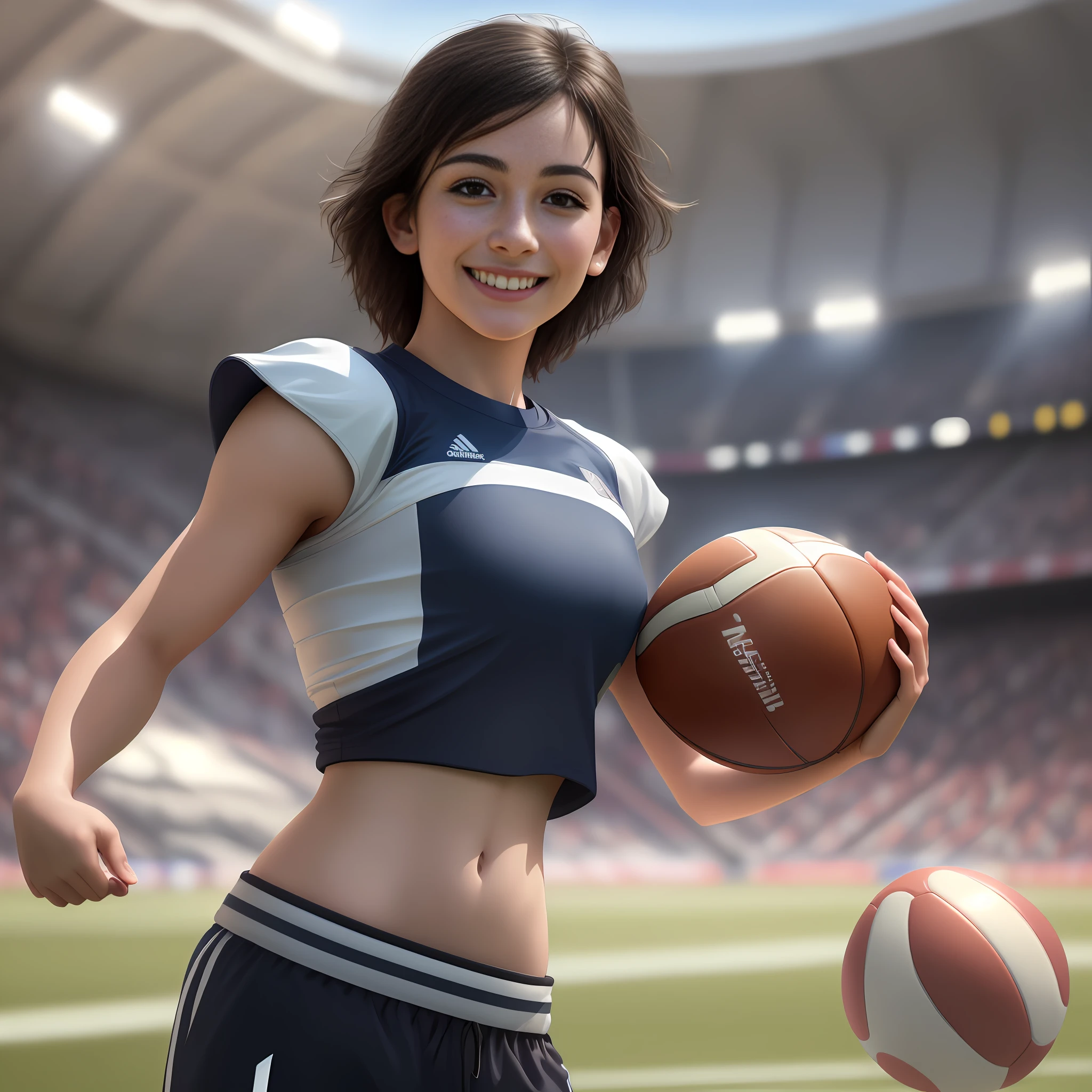 Best quality, masterpiece, ultra high res, (photorealistic:1.4),highly detailed,professional lighting smile,Playing football ,in stadium,tight sticky crop top and short pant.