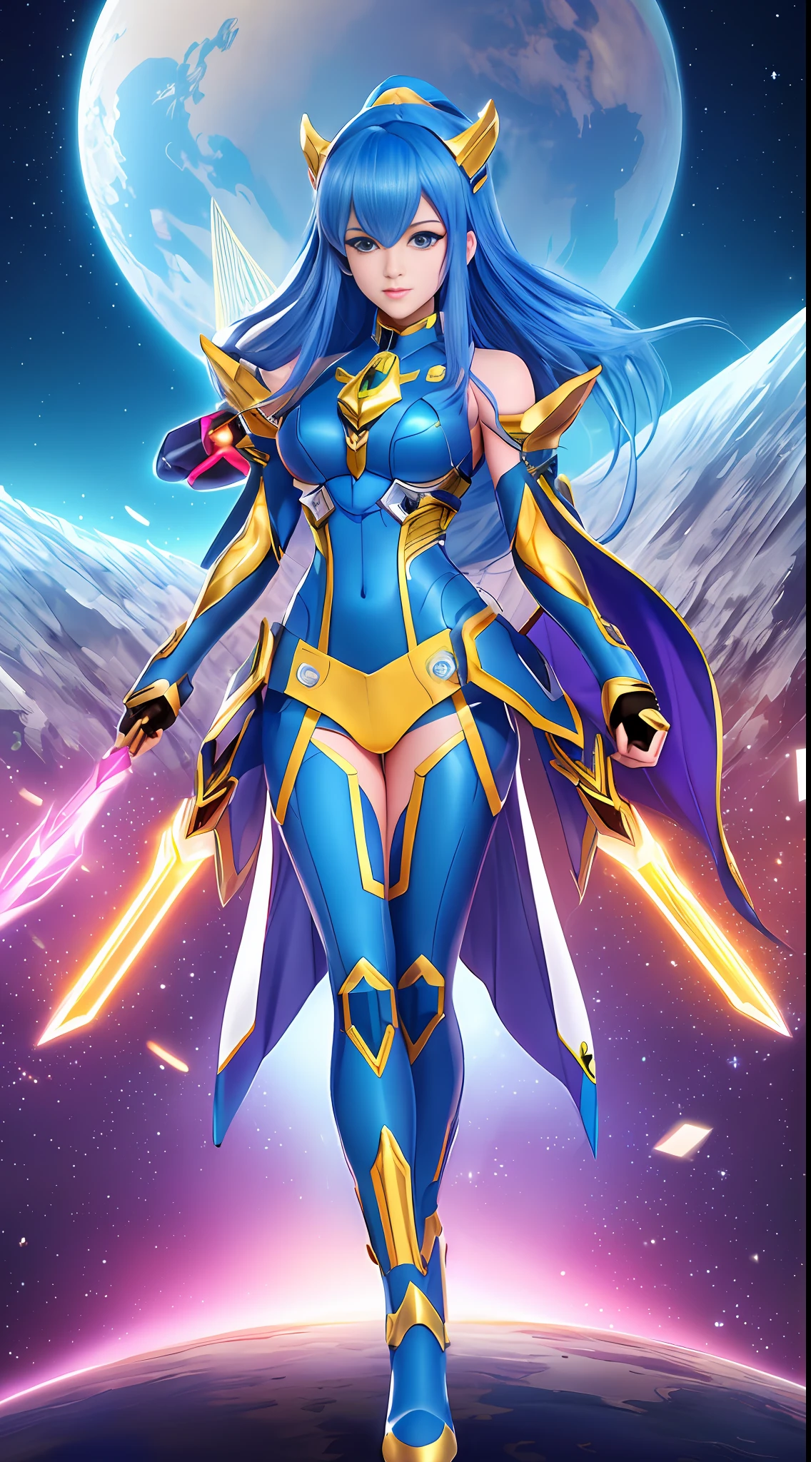 Create a 16k resolution image, Unreal Engine 5, Disney style, Super Metroid style, Mega Man-X style, with very detailed eyes, very detailed face, very detailed, full body photo of a woman doing hybrid cosplay of Mega Man-X/Samus Aran/Seiya of Pegasus with Sagittarius armor, short blue hair, wearing helmet, extremely detailed eyes,  futuristic weapons, background: Futuristic city being destroyed, looking at the viewer with facial expression of total hatred