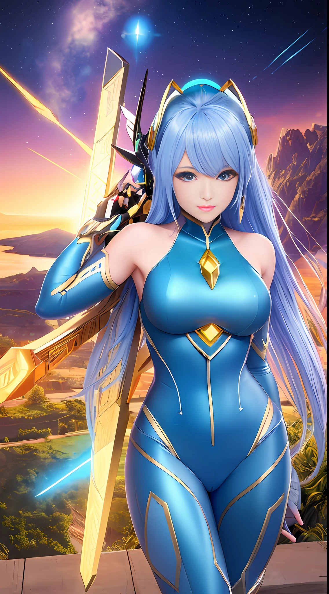 Create a 16k resolution image, Unreal Engine 5, Disney style, Super Metroid style, Mega Man-X style, with very detailed eyes, very detailed face, very detailed, full body photo of a woman doing hybrid cosplay of Mega Man-X/Samus Aran/Seiya of Pegasus with Sagittarius armor, short blue hair, wearing helmet, extremely detailed eyes, futuristic weapons, background: Futuristic city being destroyed, looking at the viewer with facial expression of total hatred