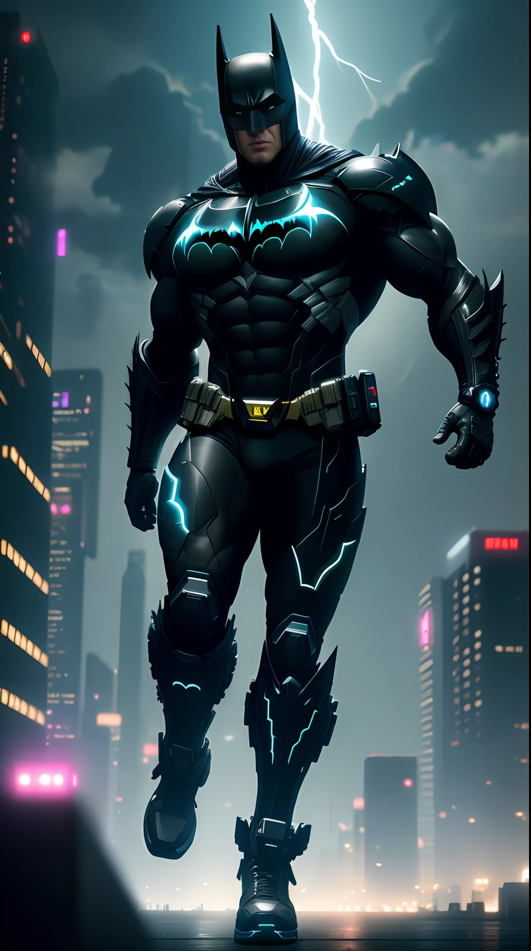 cyberpunk batman, bodybuilder, running, in the background a city, lightning in the sky, ultra details, ultra realistic, cinematic , octane render, 16