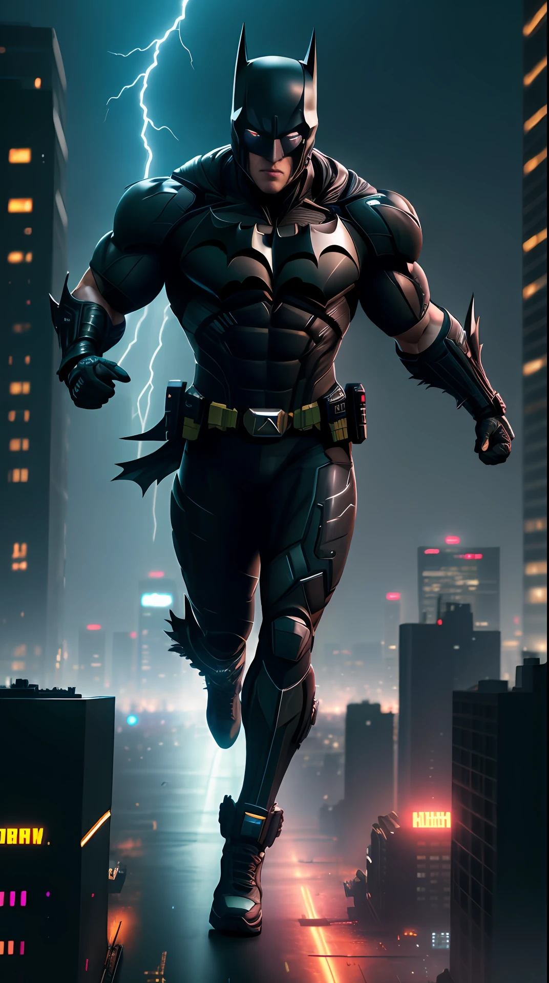 cyberpunk batman, bodybuilder, running, in the background a city, lightning in the sky, ultra details, ultra realistic, cinematic , octane render, 16