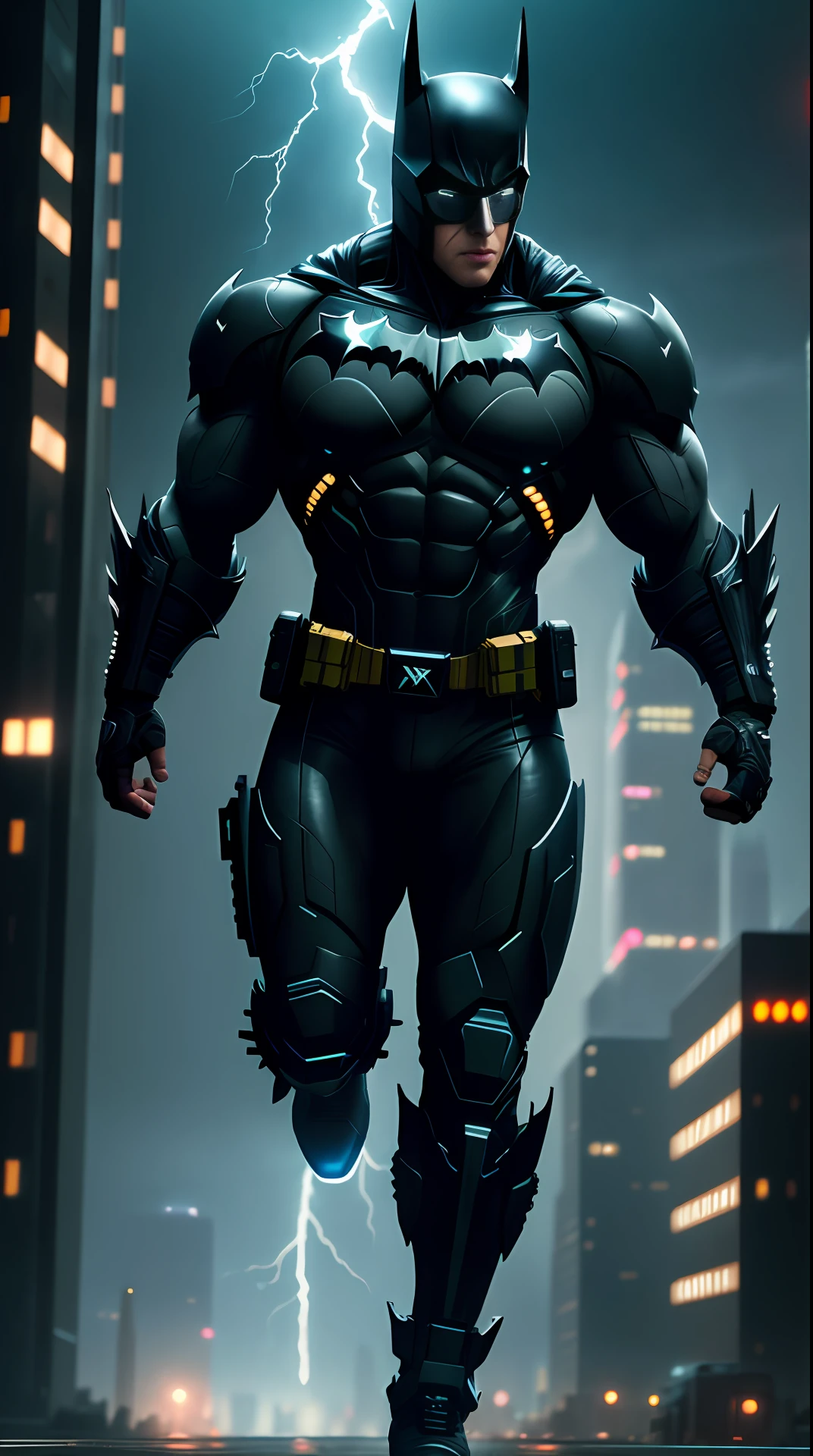 cyberpunk batman, bodybuilder, running, in the background a city, lightning in the sky, ultra details, ultra realistic, cinematic , octane render, 16