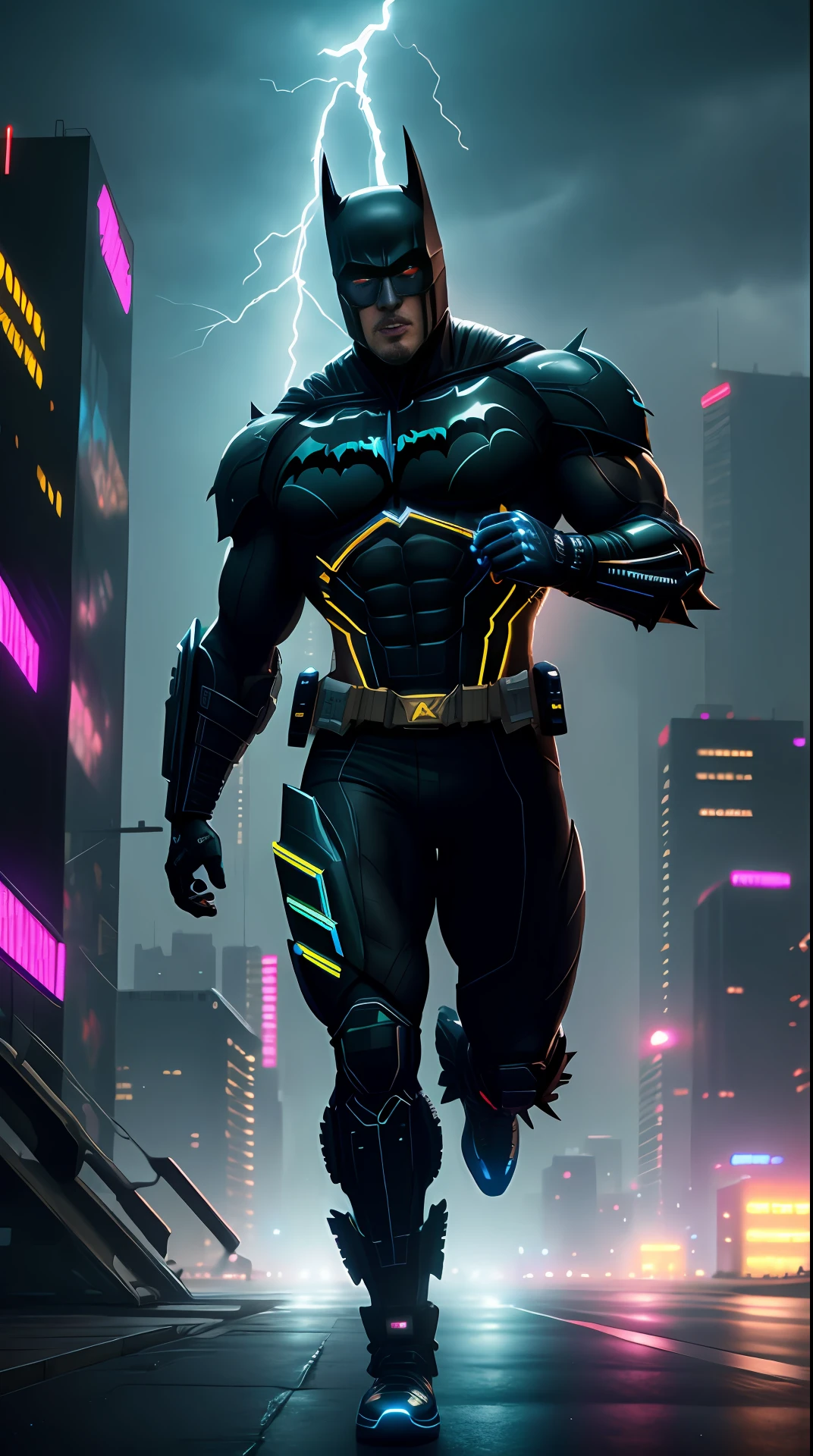 cyberpunk batman, bodybuilder, running, in the background a city, lightning in the sky, ultra details, ultra realistic, cinematic , octane render, 16