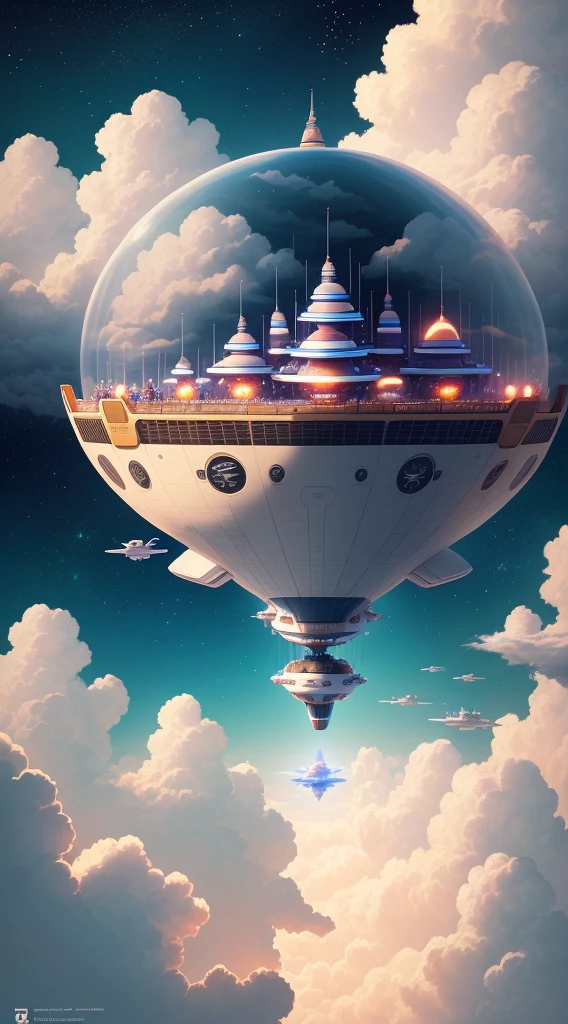 Illustration poster design, graphic design, a group of children riding on a huge spaceship, next to a lot of clouds, looking down in amazement from above, there is a huge amusement park below, about dreams, fantasy, OC rendering, -ar9:16-
