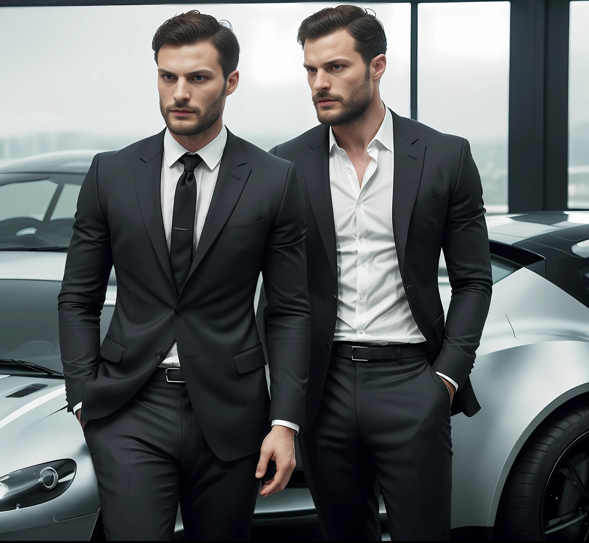 (Man wearing black suit without tie), ), (wearing beard,) attractive and serious look, short dark hair, stylish and elegant, shaved and strong body fitted in the suit, show body, man similar to actor jamie dornan, (high quality and realistic image), in the background of the image a beautiful Aston Martin Grey, cinematic style, ((Best quality, 8k, Masterpiece).