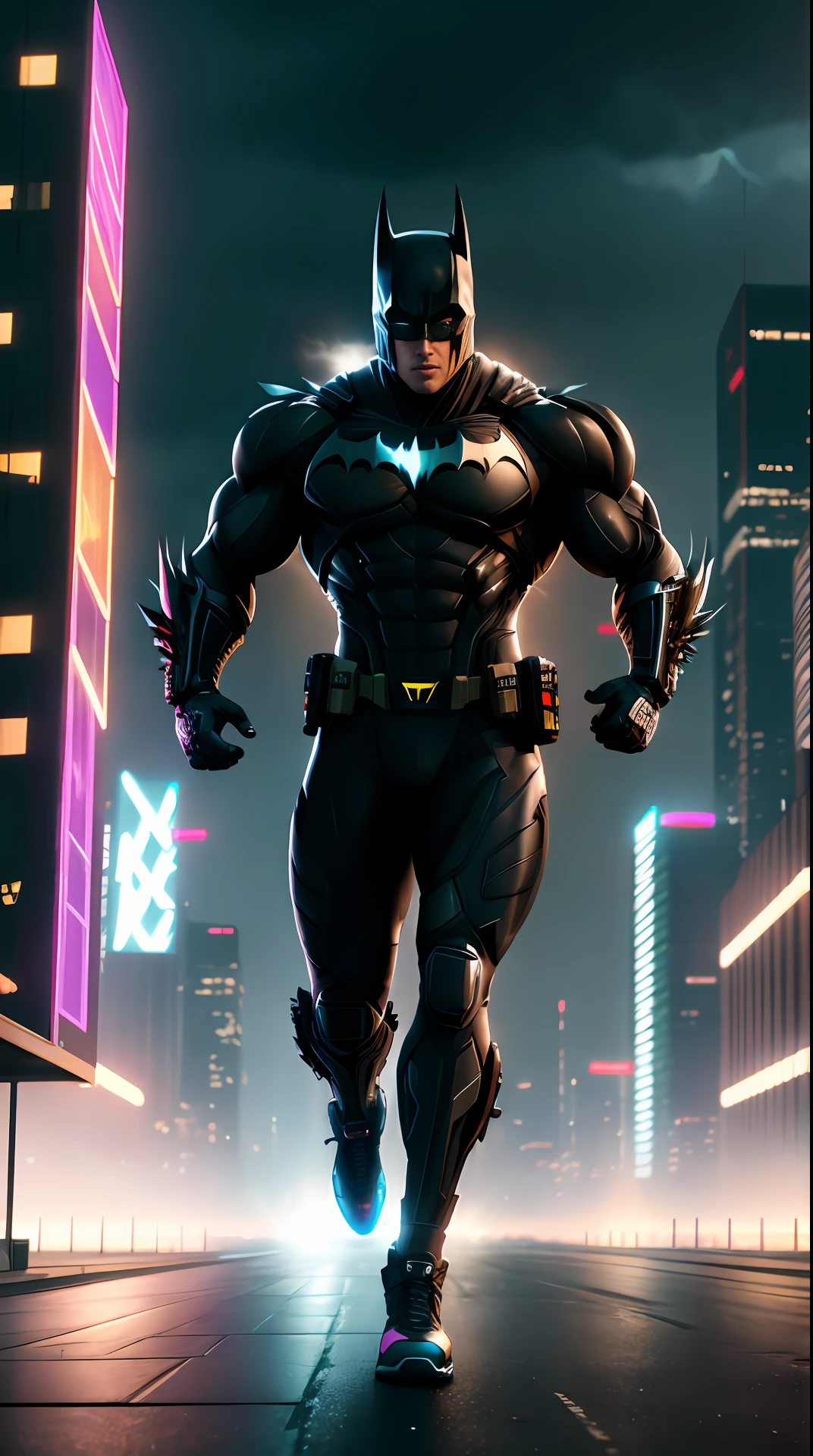 cyberpunk batman, bodybuilder, running, in the background a city, lightning in the sky, ultra details, ultra realistic, cinematic , octane render, 16k