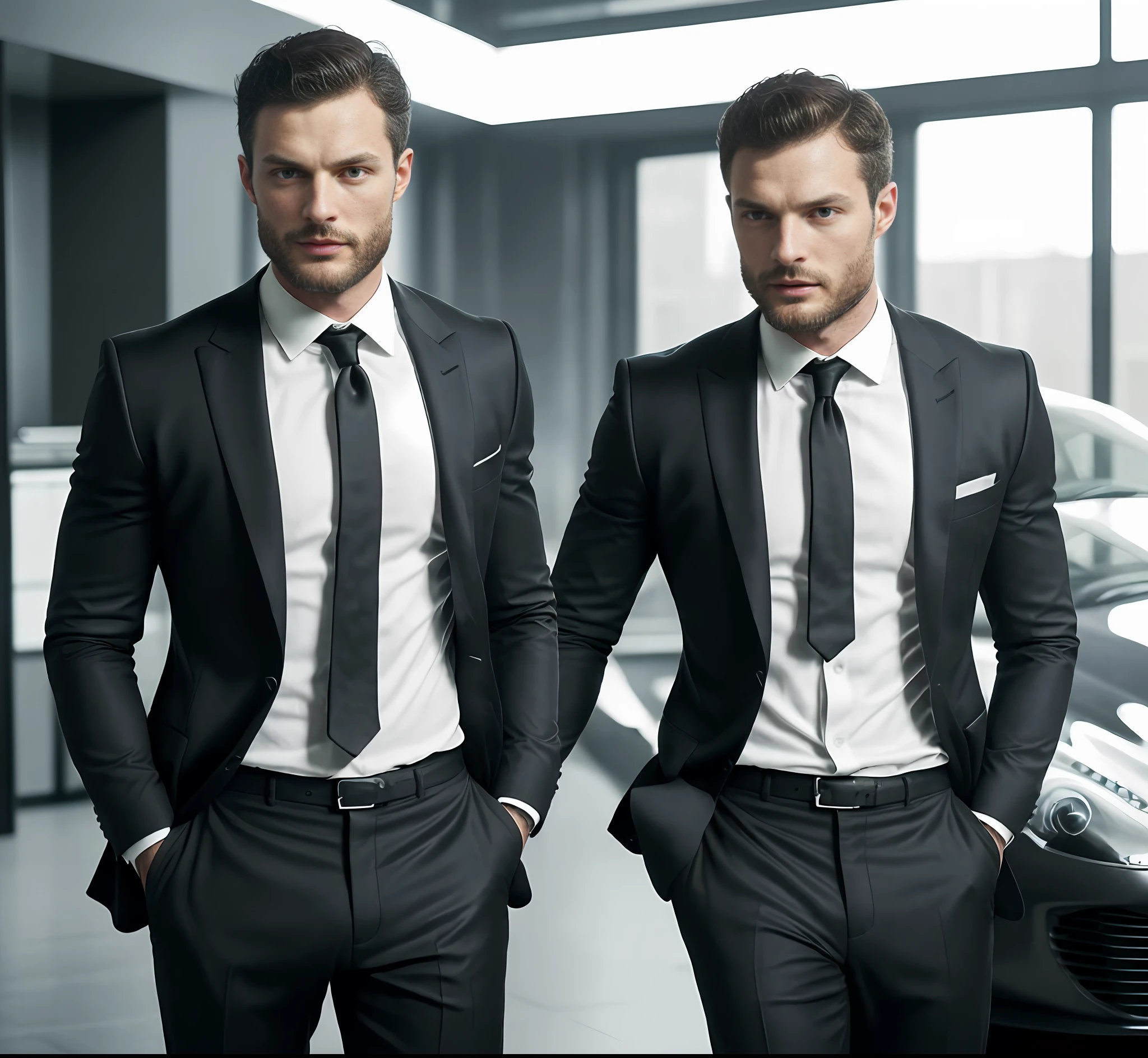 (Man wearing black suit without tie), ), (wearing beard,) attractive and serious look, short dark hair, stylish and elegant, shaved and strong body fitted in the suit, show body, man similar to actor jamie dornan, (high quality and realistic image), in the background of the image a beautiful Aston Martin Grey, cinematic style, ((Best quality, 8k, Masterpiece).