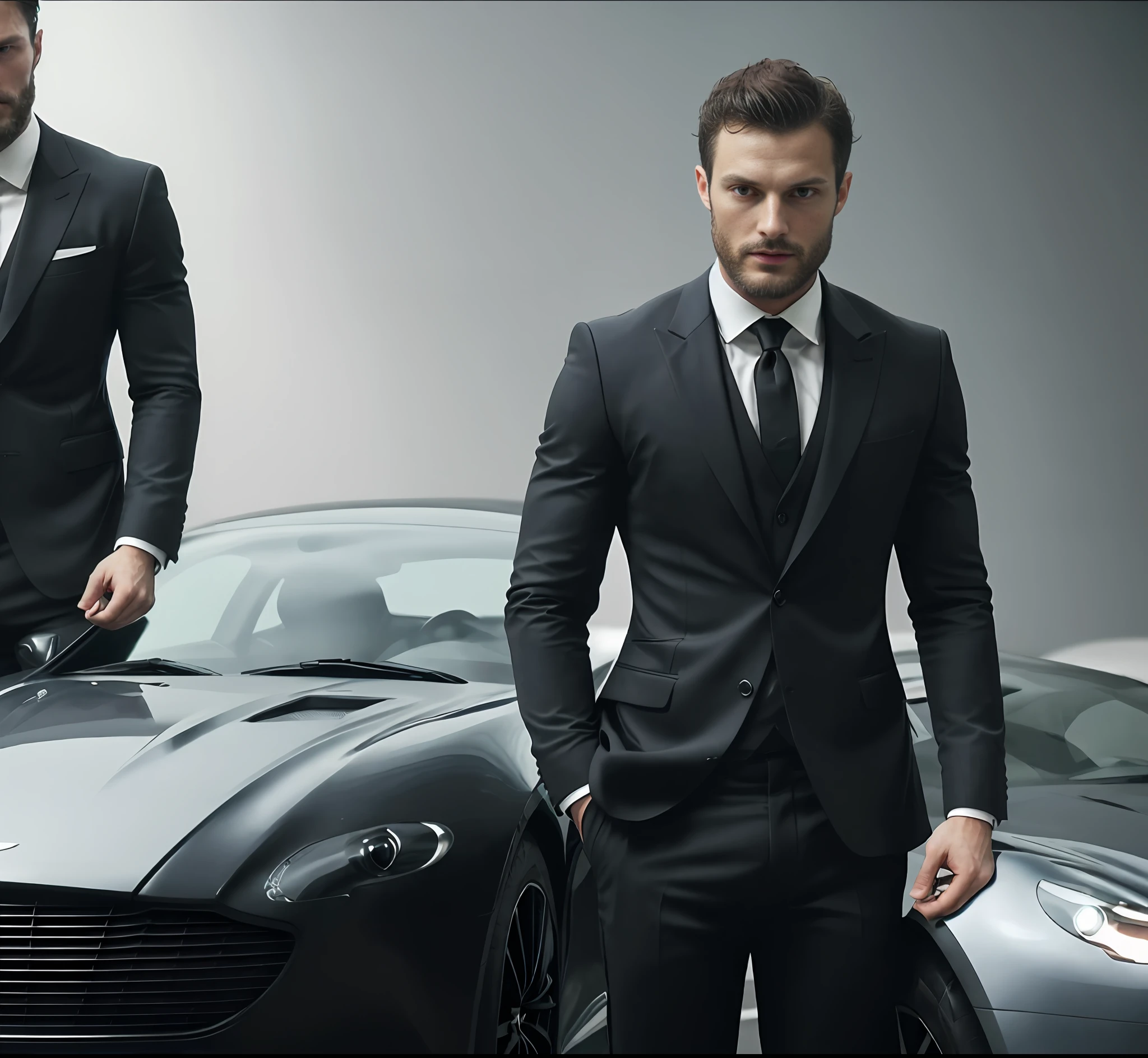 (Man wearing black suit without tie), ), (wearing beard,) attractive and serious look, short dark hair, stylish and elegant, shaved and strong body fitted in the suit, show body, man similar to actor jamie dornan, (high quality and realistic image), in the background of the image a beautiful Aston Martin Grey, cinematic style, ((Best quality, 8k, Masterpiece).