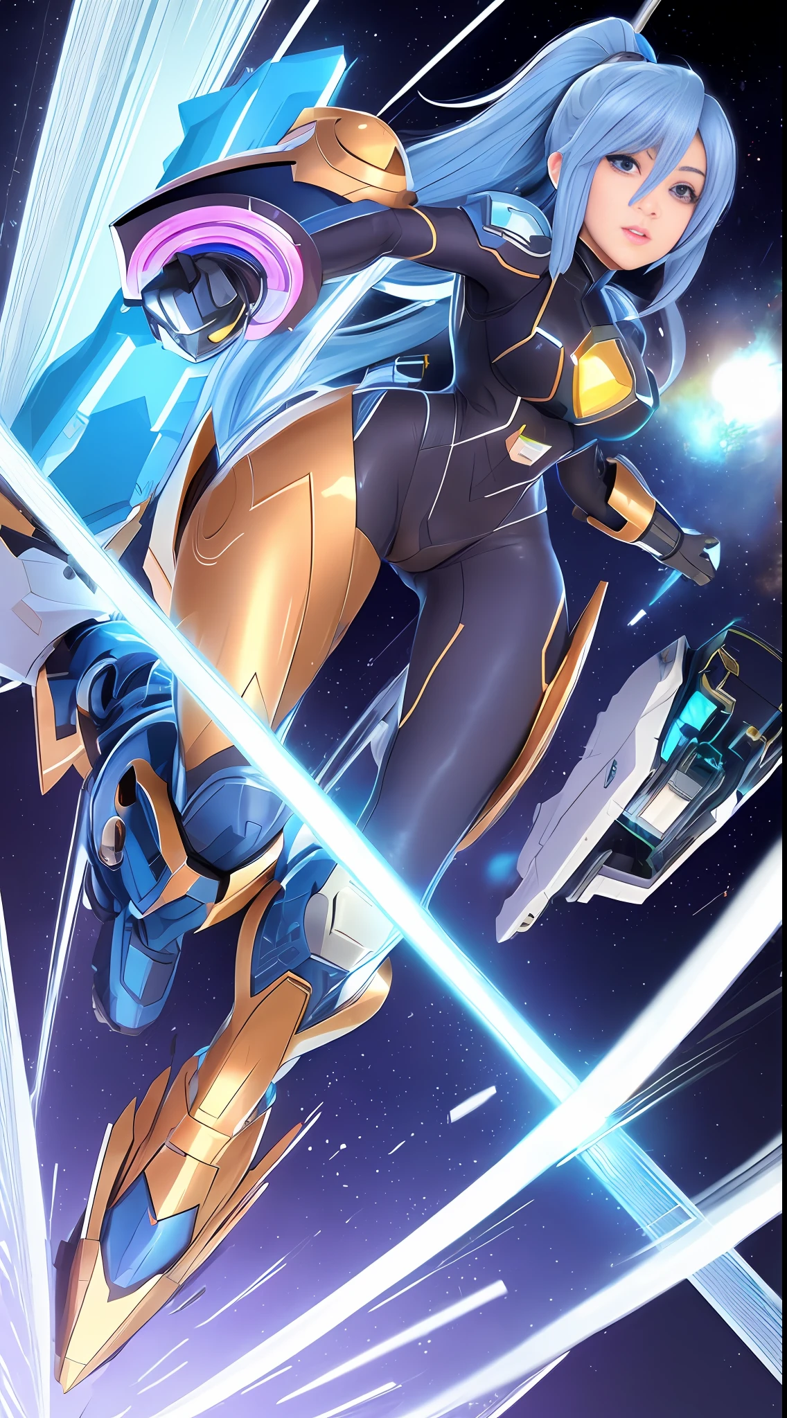 Create a 16k resolution image, Unreal Engine 5, Disney style, Super Metroid style, Mega Man-X style, with very detailed eyes, very detailed face, very detailed, full body photo of a woman doing hybrid cosplay of Mega Man-X/Samus Aran/Seiya of Pegasus with Sagittarius armor, short blue hair, wearing helmet, extremely detailed eyes,  futuristic weapons, background: Futuristic city being destroyed, looking at the viewer with facial expression of total hatred