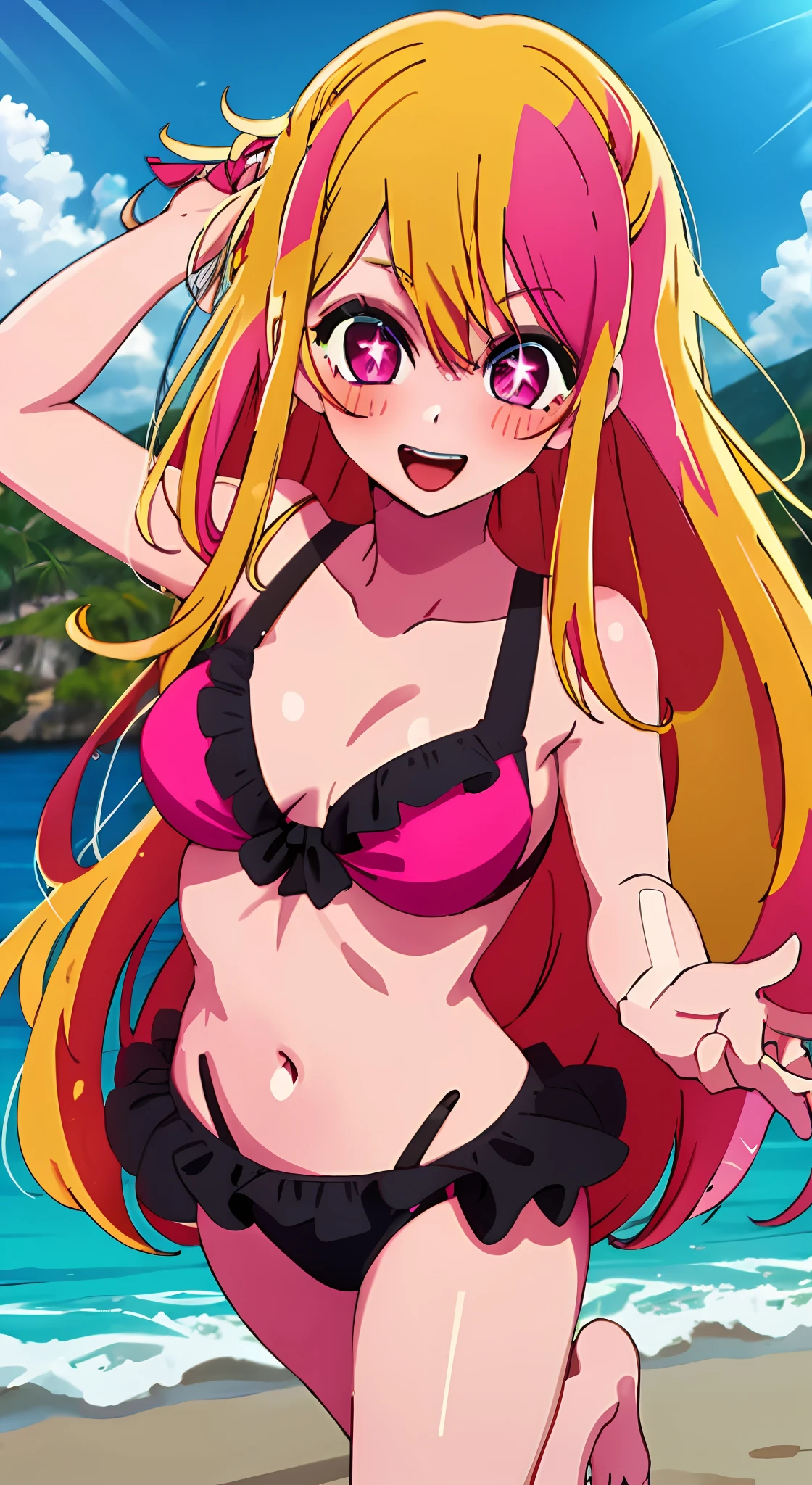 1girl, solo, star-shaped pupils in left eye, orange hair, long hair, pink eyes, multicolored bikini, blonde, bangs,happy,posing, multicolored hair, beach background