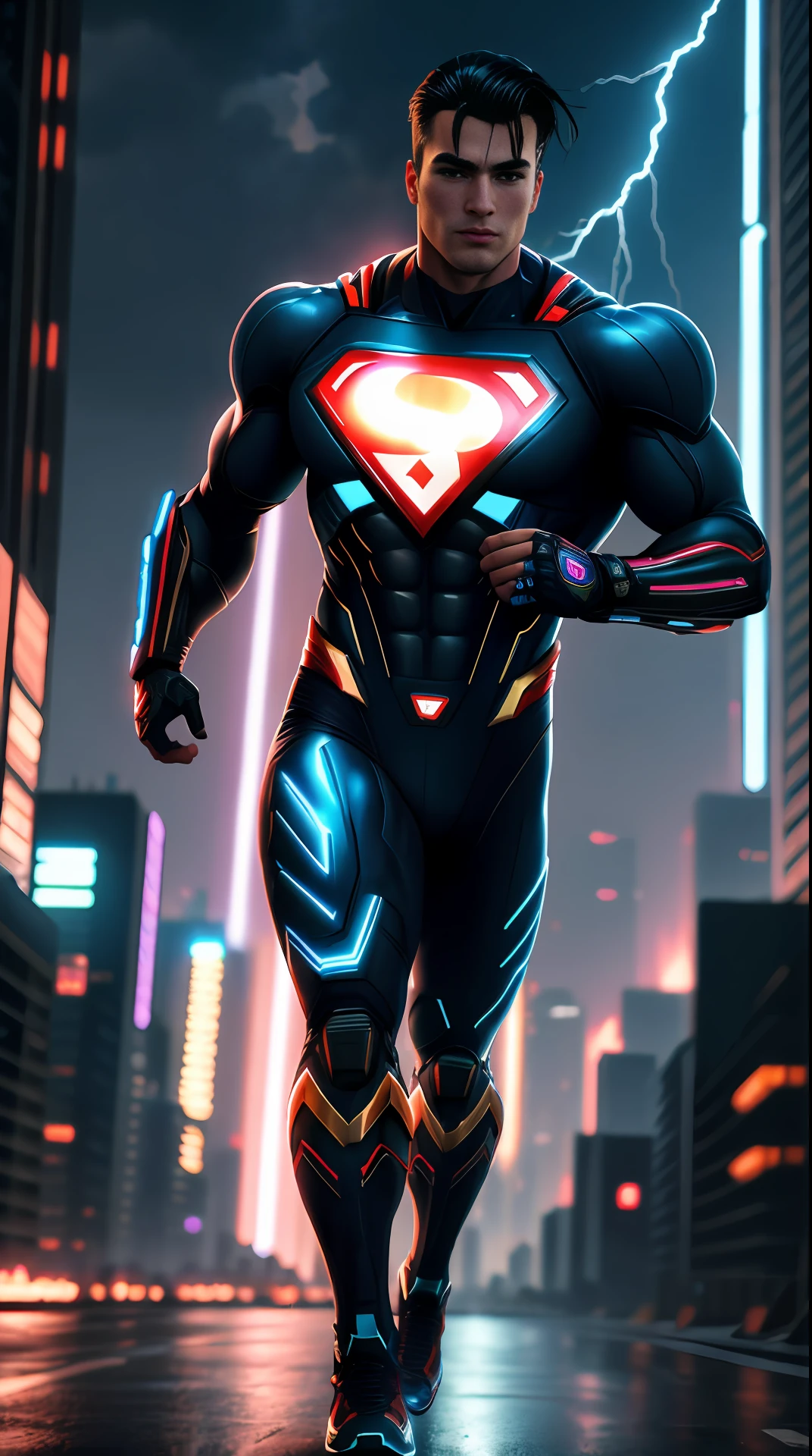 cyberpunk superman, bodybuilder, running, in the background a city, lightning in the sky, ultra details, ultra realistic, cinematic , octane render, 16k