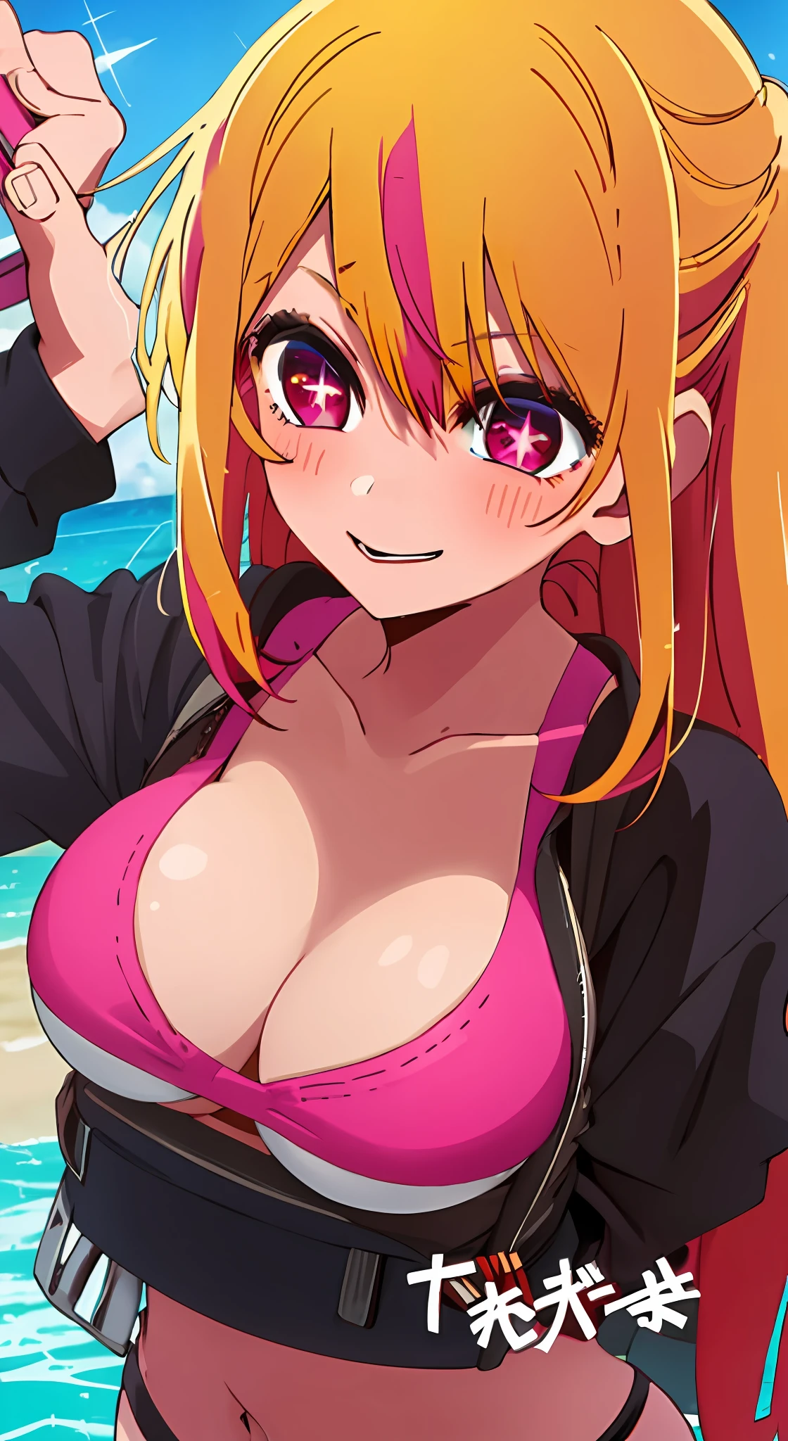 1girl, solo, star-shaped pupils in left eye, orange hair, long hair, pink eyes, multicolored bikini, blonde, bangs,happy,posing, multicolored hair, beach background