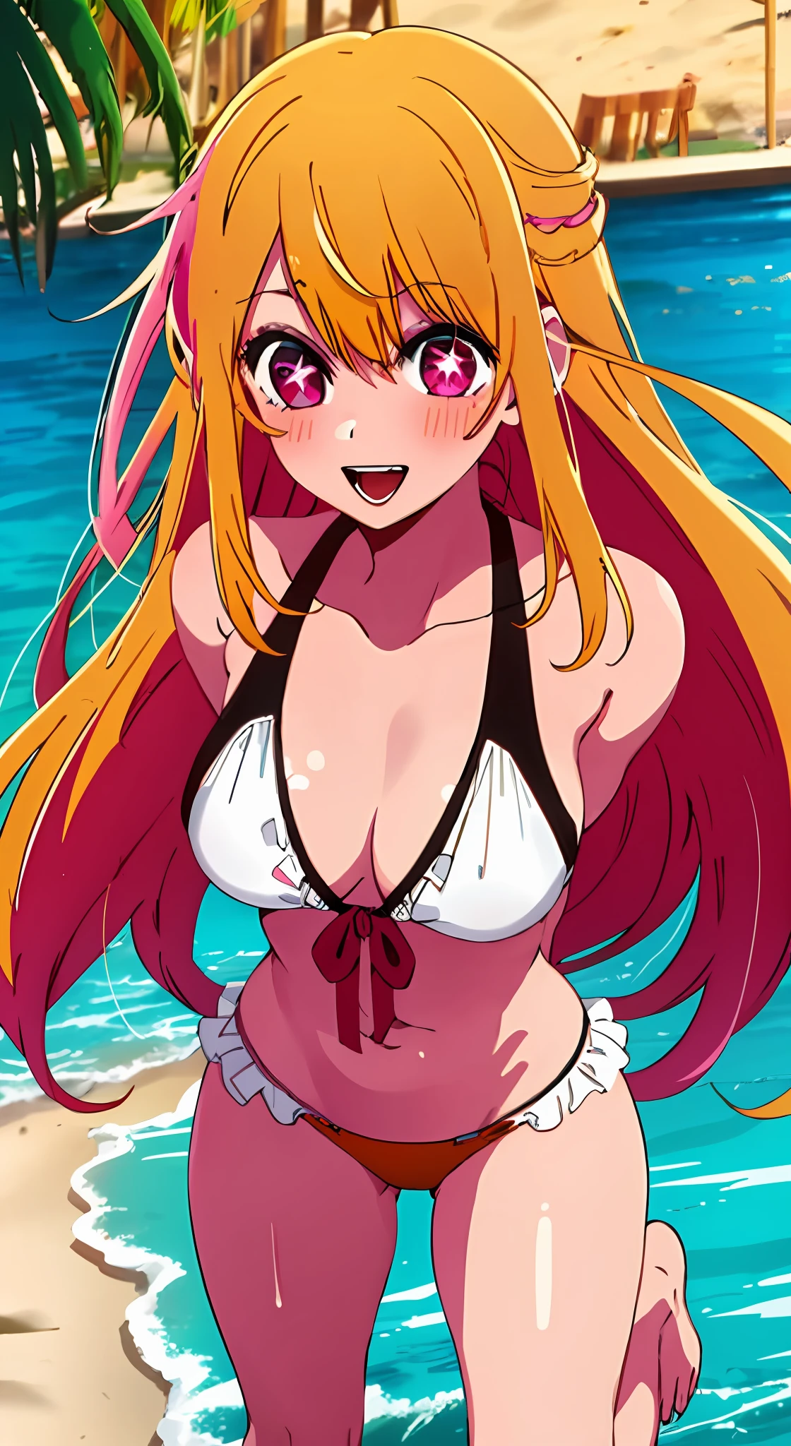 1girl, solo, star-shaped pupils in left eye, orange hair, long hair, pink eyes, multicolored bikini, blonde, bangs,happy,posing, multicolored hair, beach background