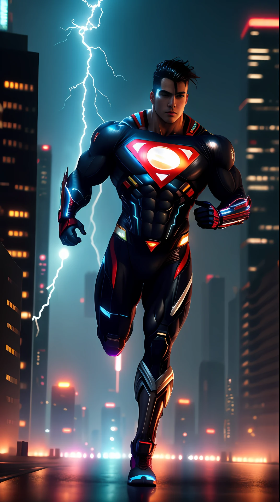cyberpunk superman, bodybuilder, running, in the background a city, lightning in the sky, ultra details, ultra realistic, cinematic , octane render, 16k