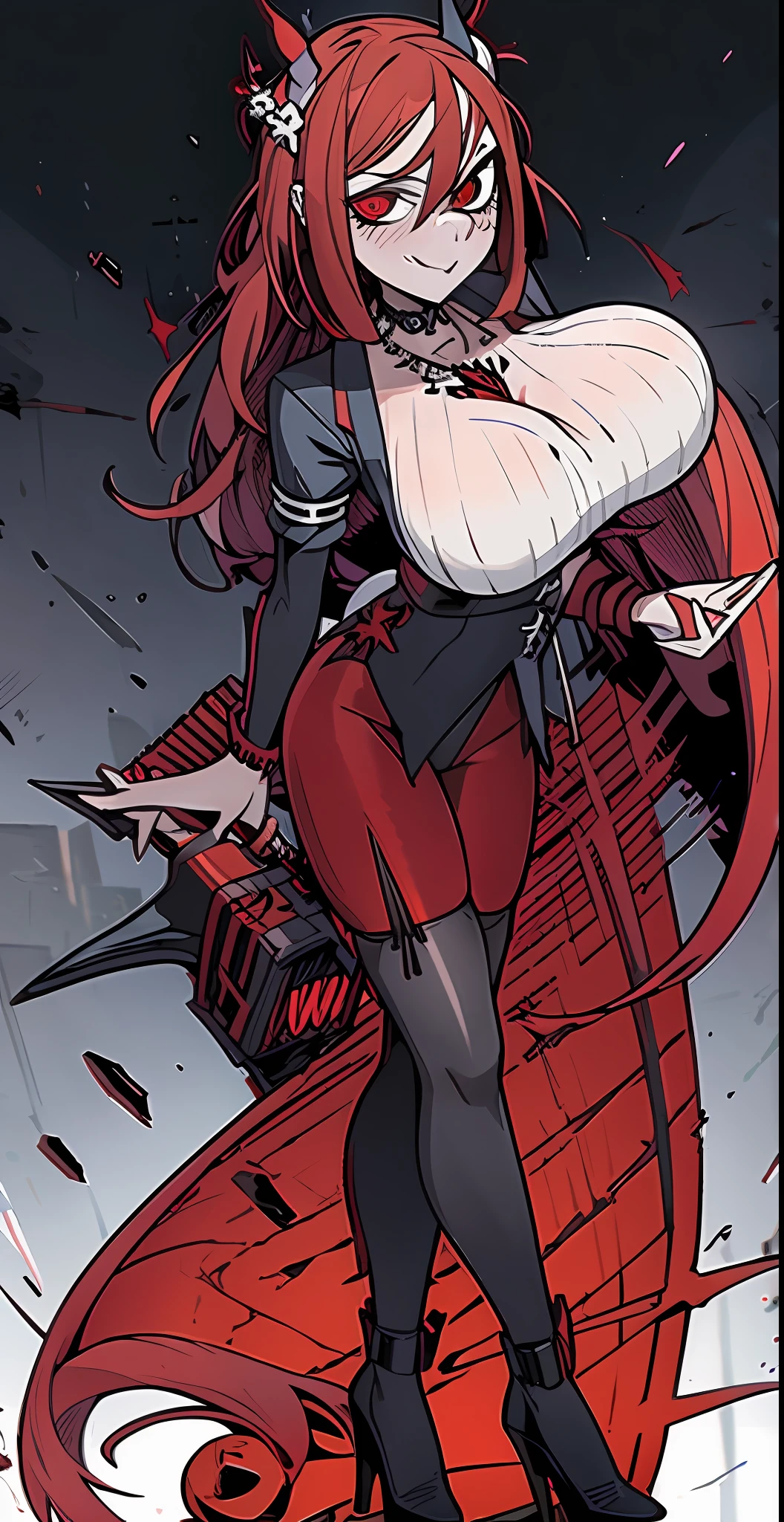 masterpiece, best quality, Modeus \(helltaker\), horns, red hair, demon girl, 1girl, full body,swimsuit, black skirt, pantyhose, white shirt, heels, demon horns, gigantic breasts, red eyes, long hair, black horns, hair over one eye, piercing, jewelry, tail, demon tail, choker, lip piercing, necklace, gigantic breasts,