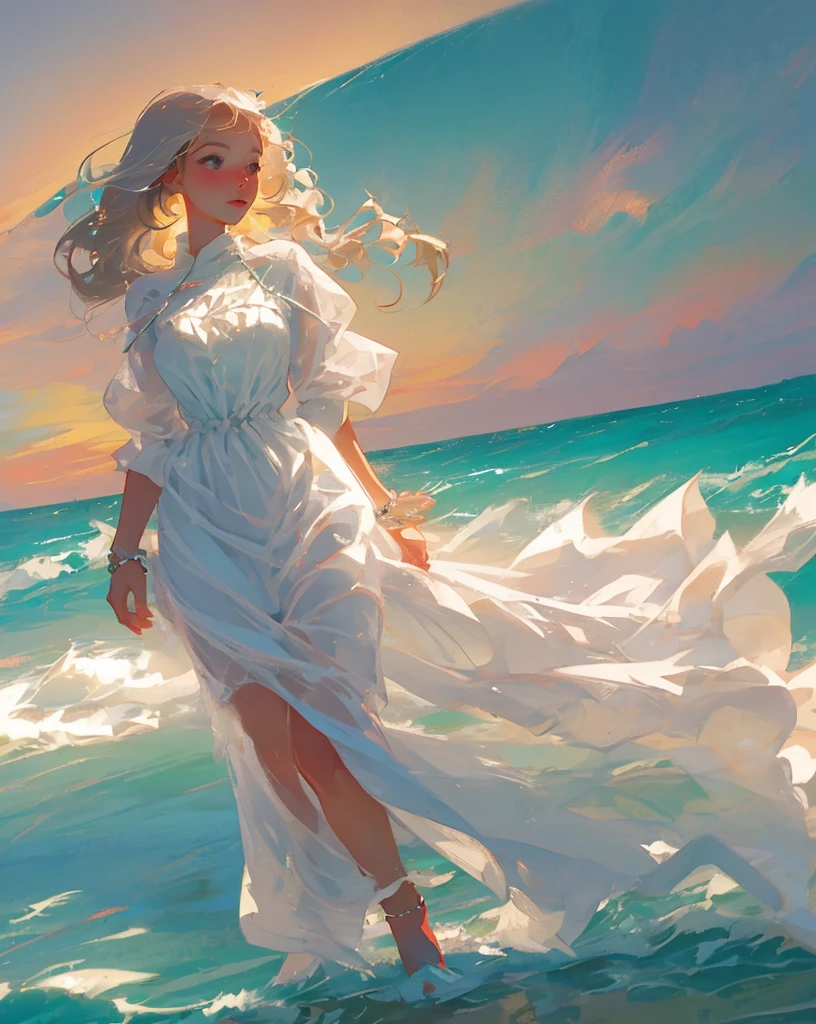 beautiful girl, beach scene, wind, clouds, waves,elegant white dress