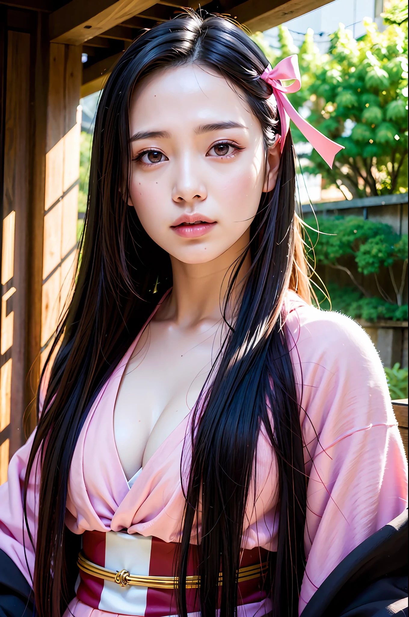 masterpiece, (photorealistic:1.5), realistic eyes, asian woman, best quality, beautiful lighting, professional lighting, photon mapping, radiosity, physically-based rendering, kamado nezuko, 1girl, black hair, forehead, hair ribbon, japanese clothes, kimono, long hair, multicolored hair, pink eyes, pink kimono, pink ribbon, ribbon, very long hair, bit gag, gagged, sky, ((aged up)), (RAW photo, 8k uhd, film grain),