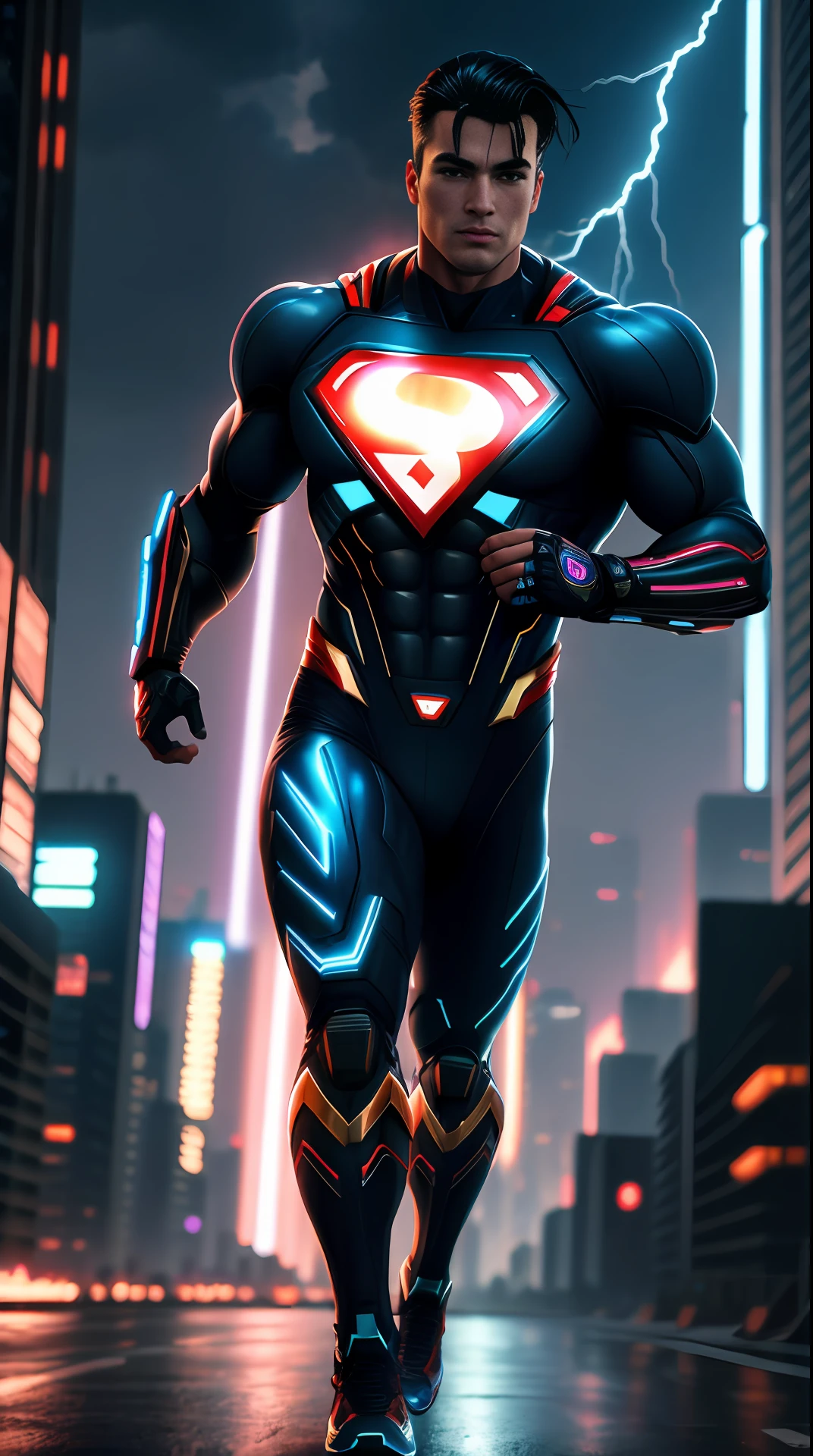 cyberpunk superman, bodybuilder, running, in the background a city, lightning in the sky, ultra details, ultra realistic, cinematic , octane render, 16k