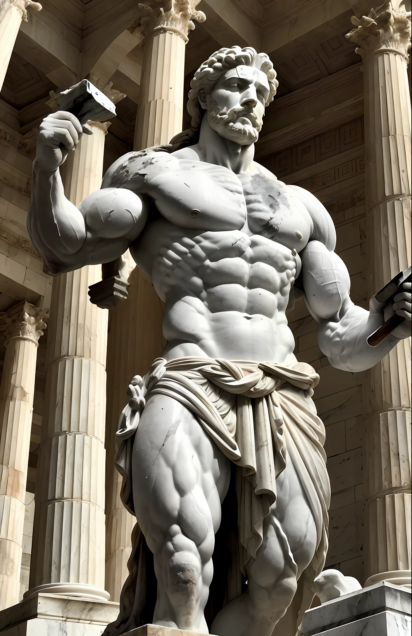 A hyper-realistic marble statue of a muscular handsome Greek god man holding a sword , very old, ancient dust, and his facial expressions betray deep sadness and overthinking. Against the background of Roman columns, petrified birds, ashes on the ground withered and rotting, the colors are muted and faded, to emphasize the seriousness of the scene.
